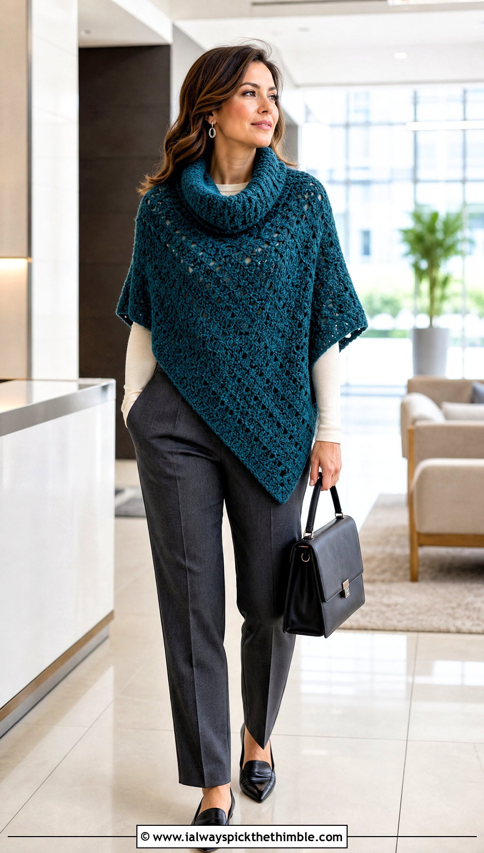 Cowl Neck Crochet Poncho With Tailored Trousers - 15 Quick Crochet Poncho outfit ideas