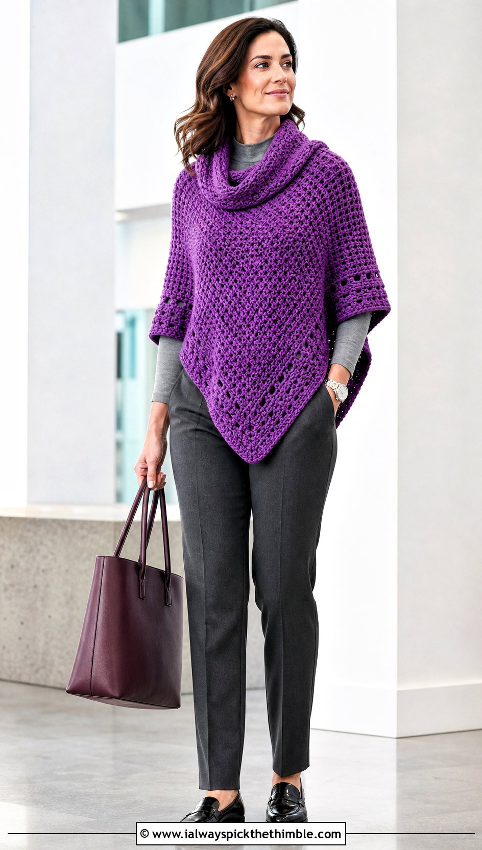 Cowl Neck Crochet Poncho With Tailored Trousers - 20 crochet poncho for women outfit ideas