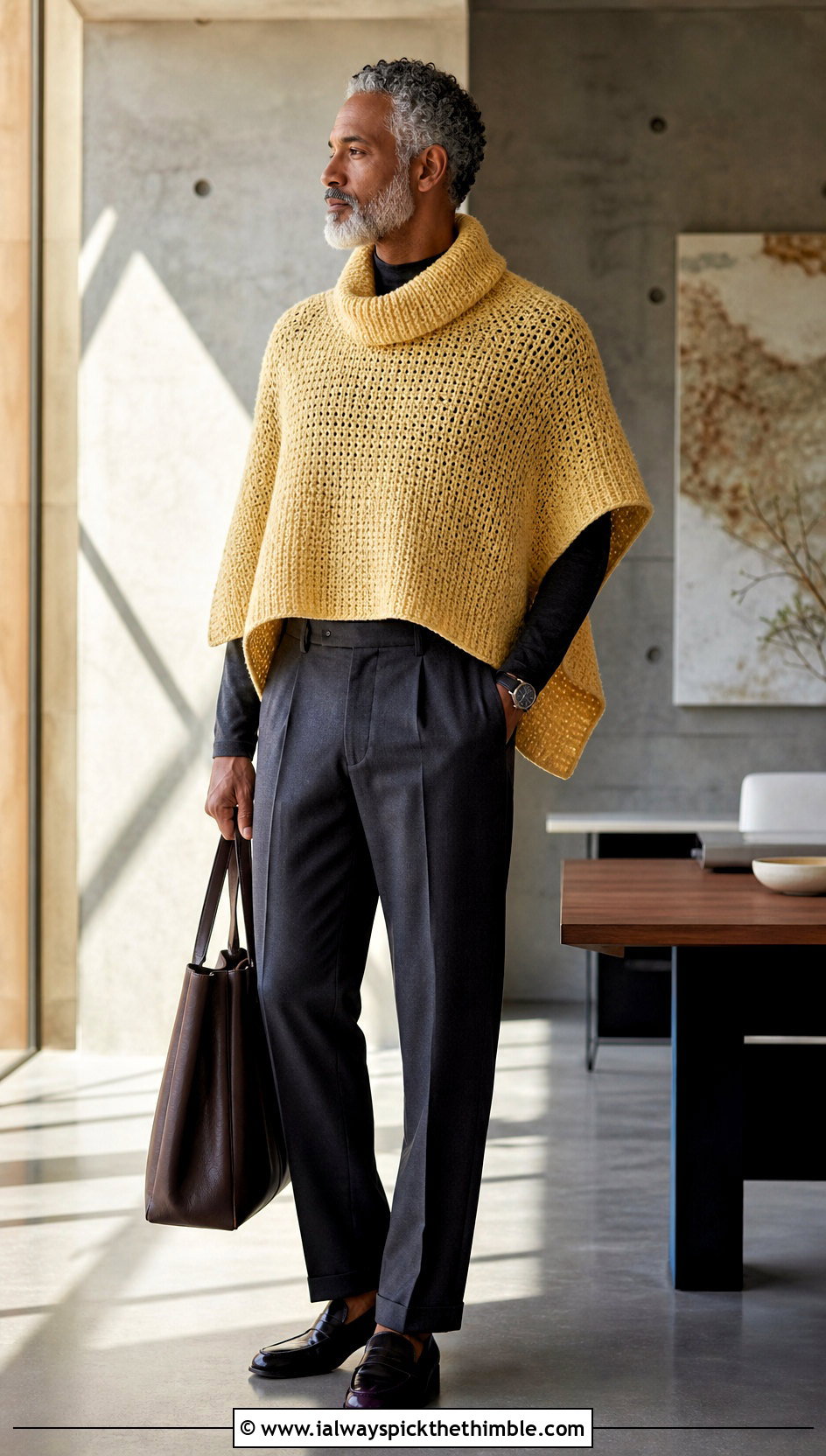 Cowl Neck Crochet Poncho With Tailored Trousers - 20 men crochet poncho outfit ideas