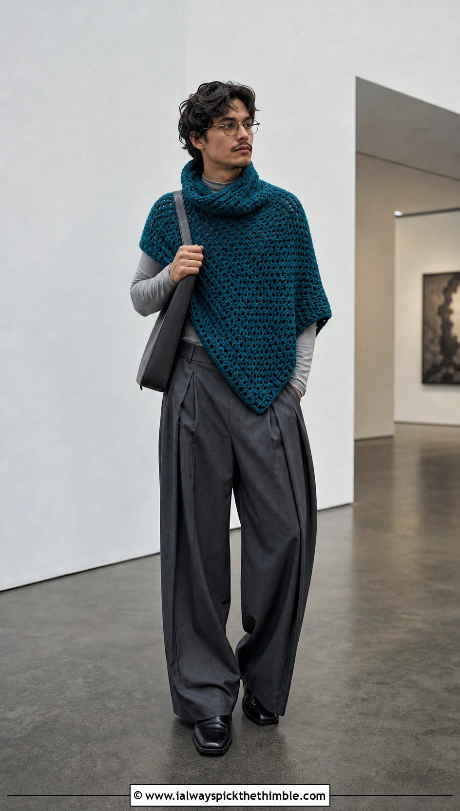 Cowl Neck Crochet Poncho With Wide Leg Pants - 20 mens crochet poncho outfit ideas