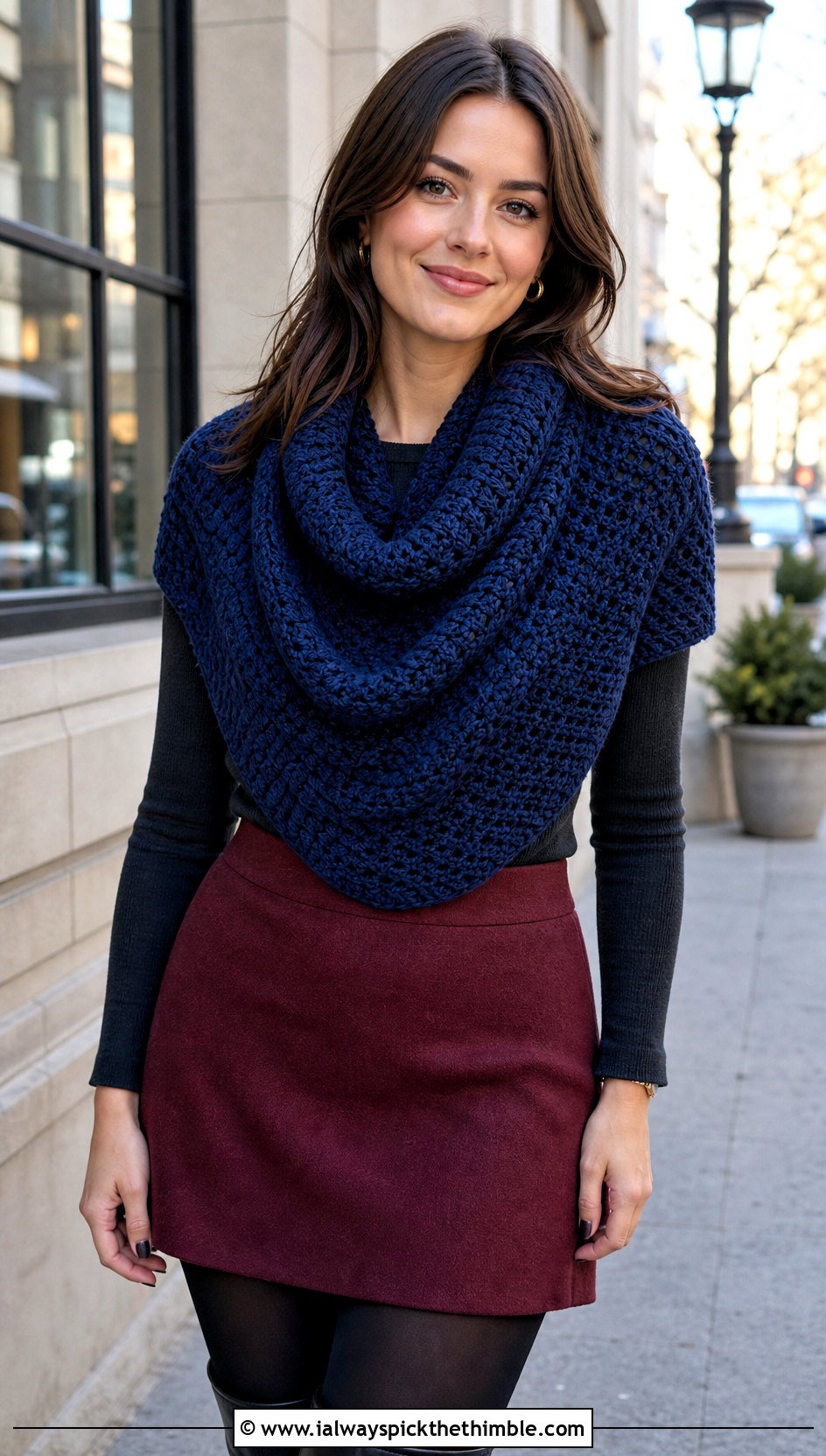 Cowl Neck Crochet Sweater Scarf With Mini Skirt - 25 crochet sweater scarf outfit ideas