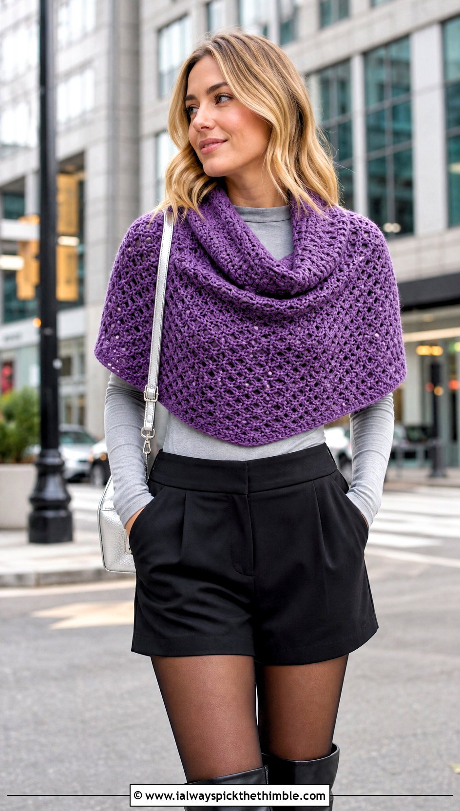 Cowl Neck Crochet Sweater Scarf Wrap With Tailored Shorts - 20 crochet scarf sweater wrap outfit ideas