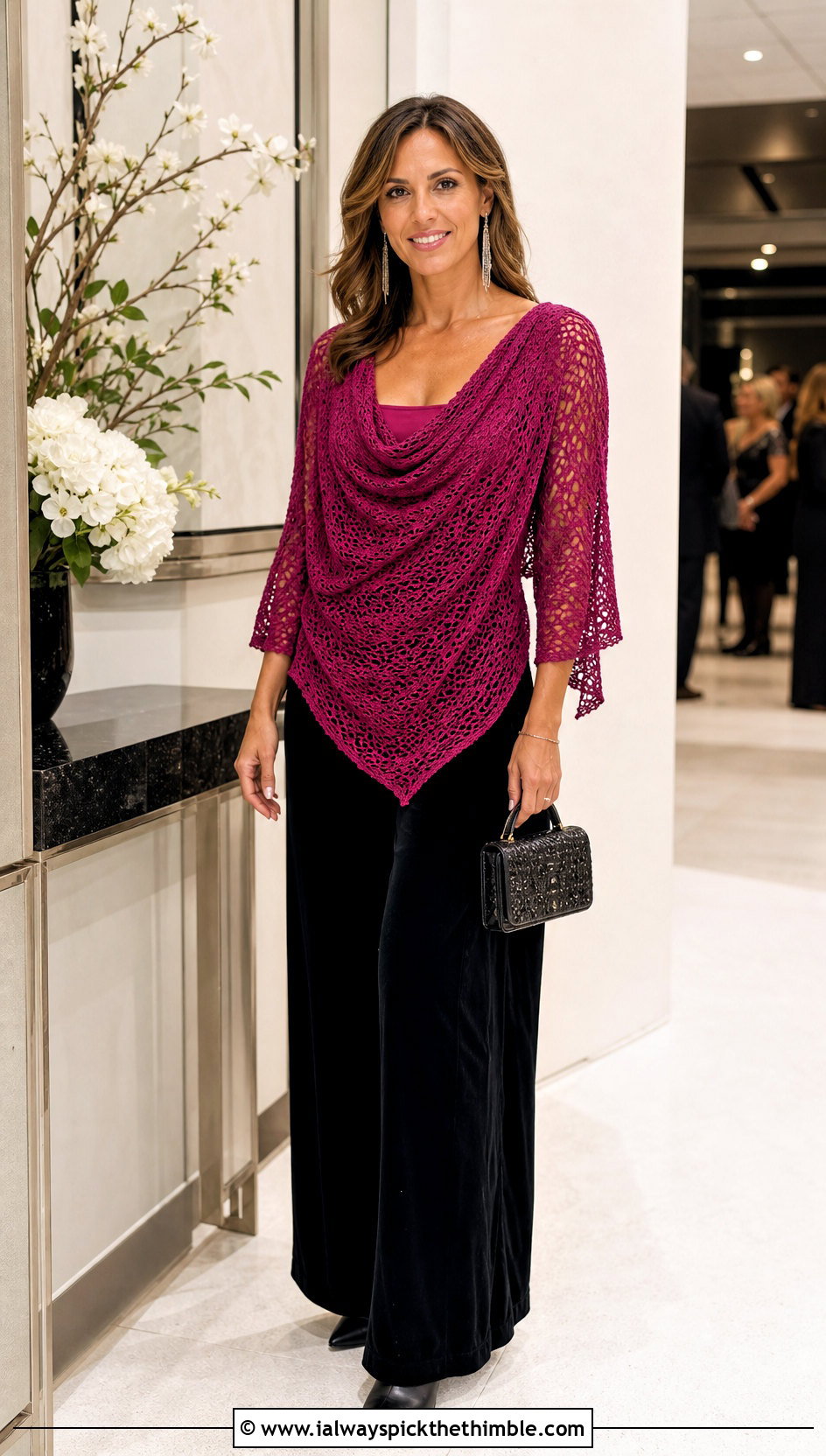 Cowl Neck Crochet Top With Velvet Pants - 20 Flowy Crochet Top outfit ideas