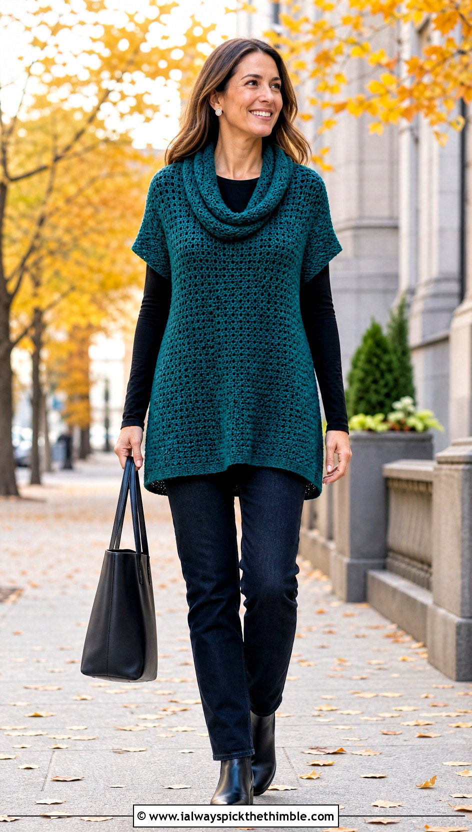 Cowl Neck Crochet Tunic With Straight Leg Jeans - 25 crochet tunic outfit ideas