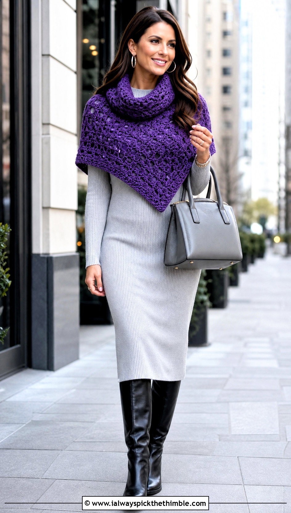 Cowl Neck Crocheted Capelet With Knit Dress - 20 Crocheted Capelet outfit ideas
