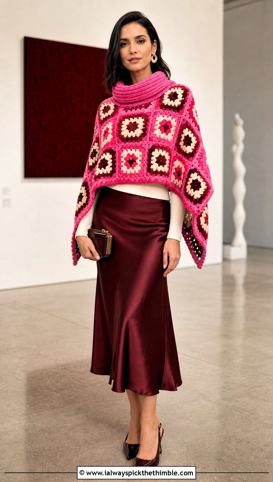 Cowl Neck Granny Square Poncho With Satin Midi Skirt - 25 crochet granny square poncho outfit ideas