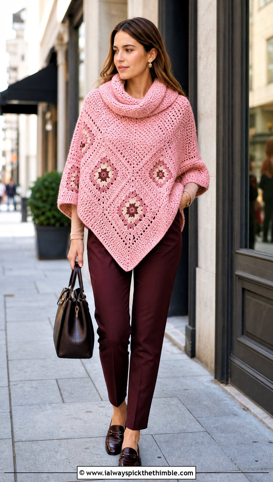 Cowl Neck Granny Square Poncho With Slim Trousers - 15 easy granny square poncho outfit ideas