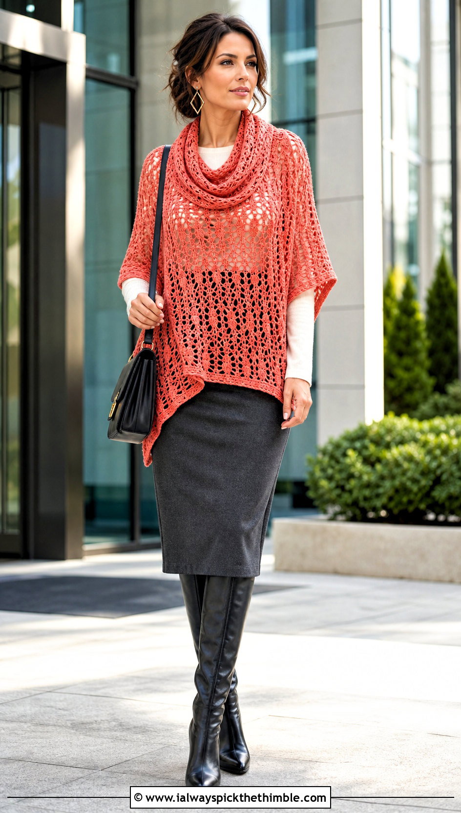 Cowl Neck Mesh Crochet Poncho With Pencil Midi Skirt - 20 Mesh Crochet Poncho outfit ideas