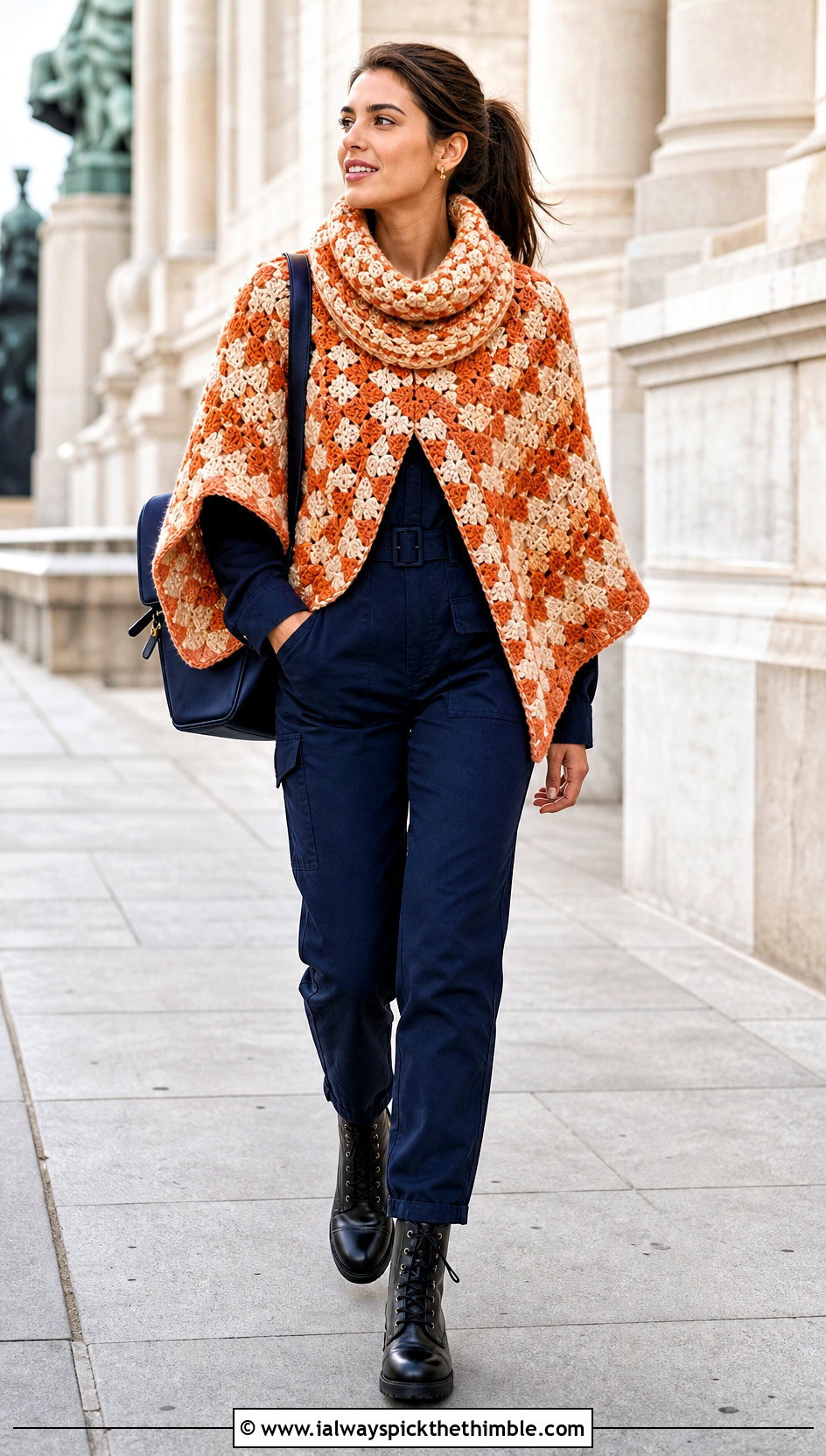 Cowl Neck Mosaic Poncho With Utility Jumpsuit - 15 Mosaic Crochet Poncho outfit ideas