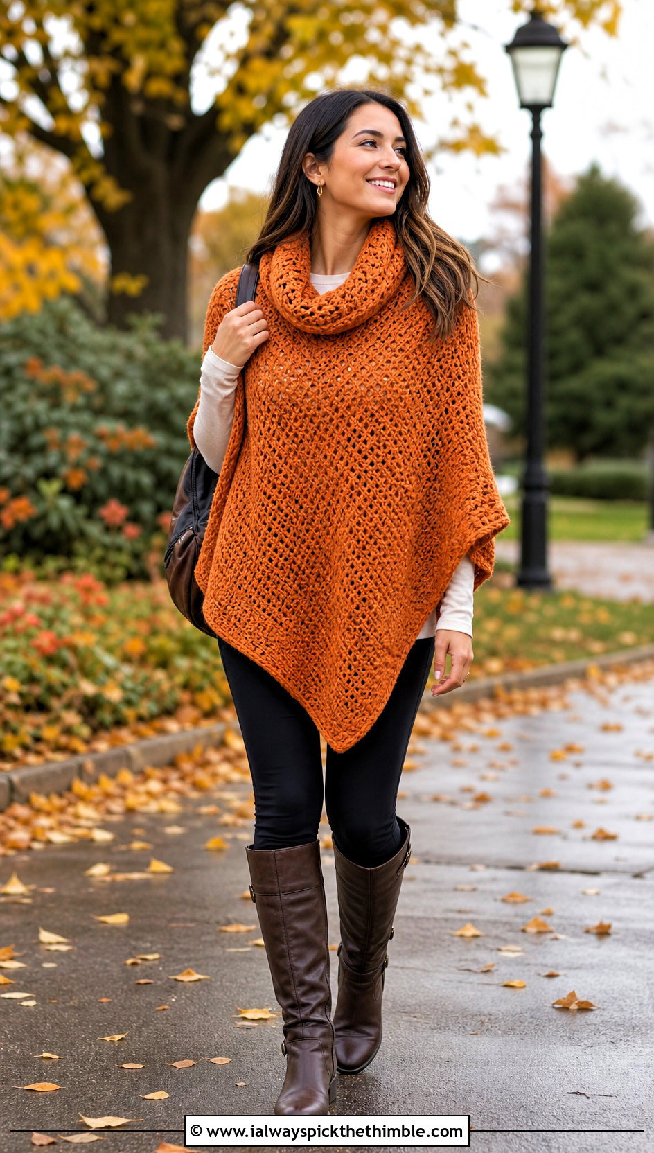 Cowl Neck Rectangle Poncho With Leggings - 20 crochet rectangle poncho outfit ideas