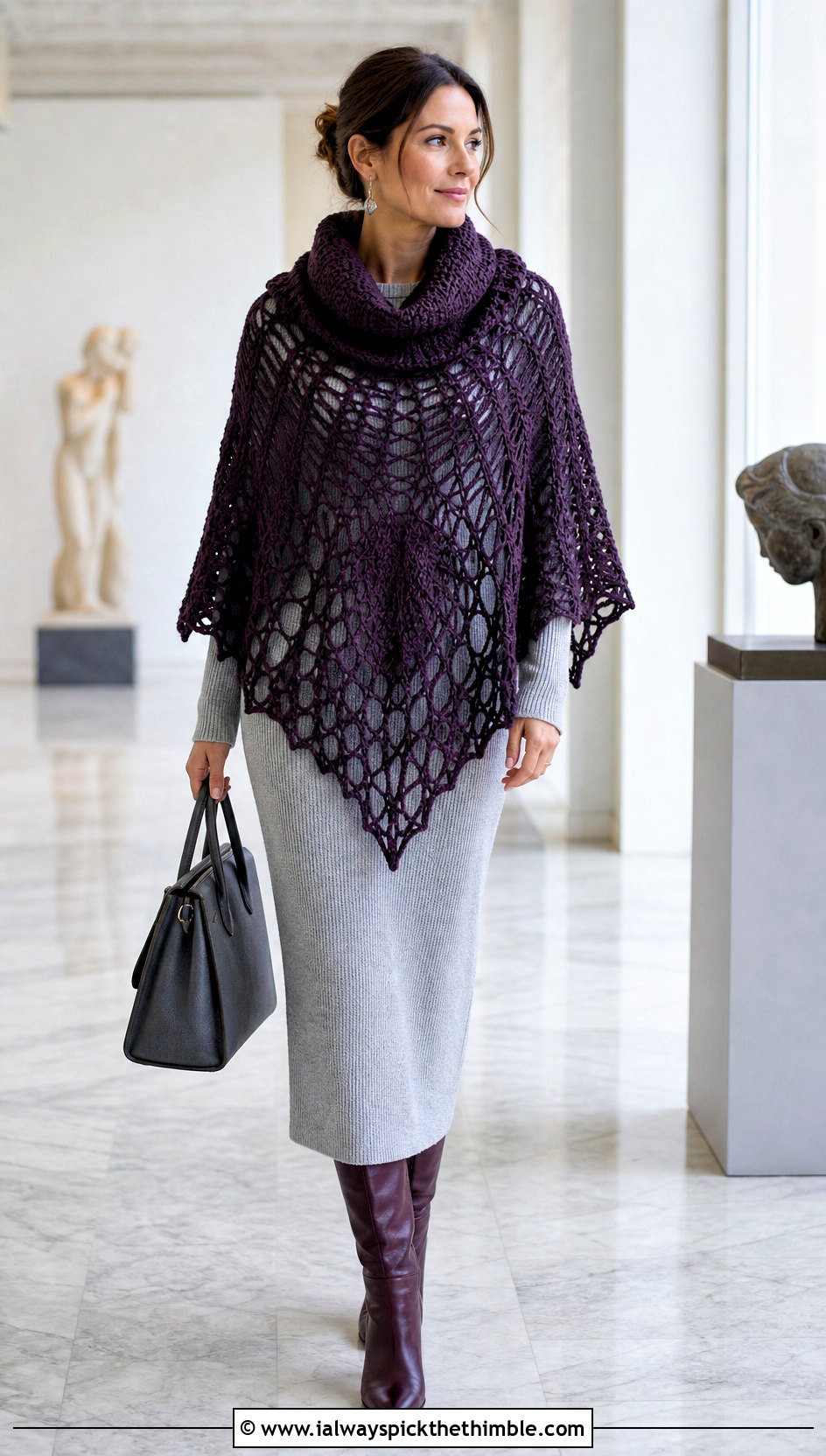 Cowl Neck Spider Web Crochet Poncho With Knit Column Dress - 20 Spider Web Crochet Poncho outfit ideas
