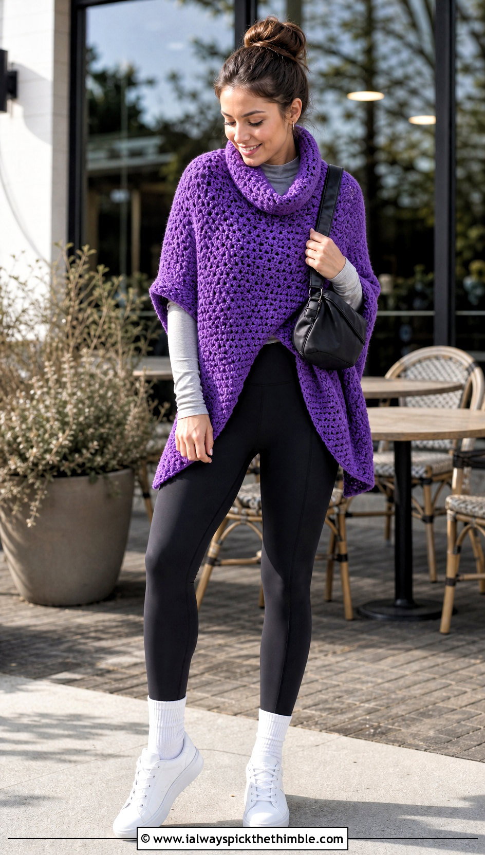 Cowl Neck Uptown Crochet Poncho With Leggings - 15 Uptown Crochet Poncho outfit ideas