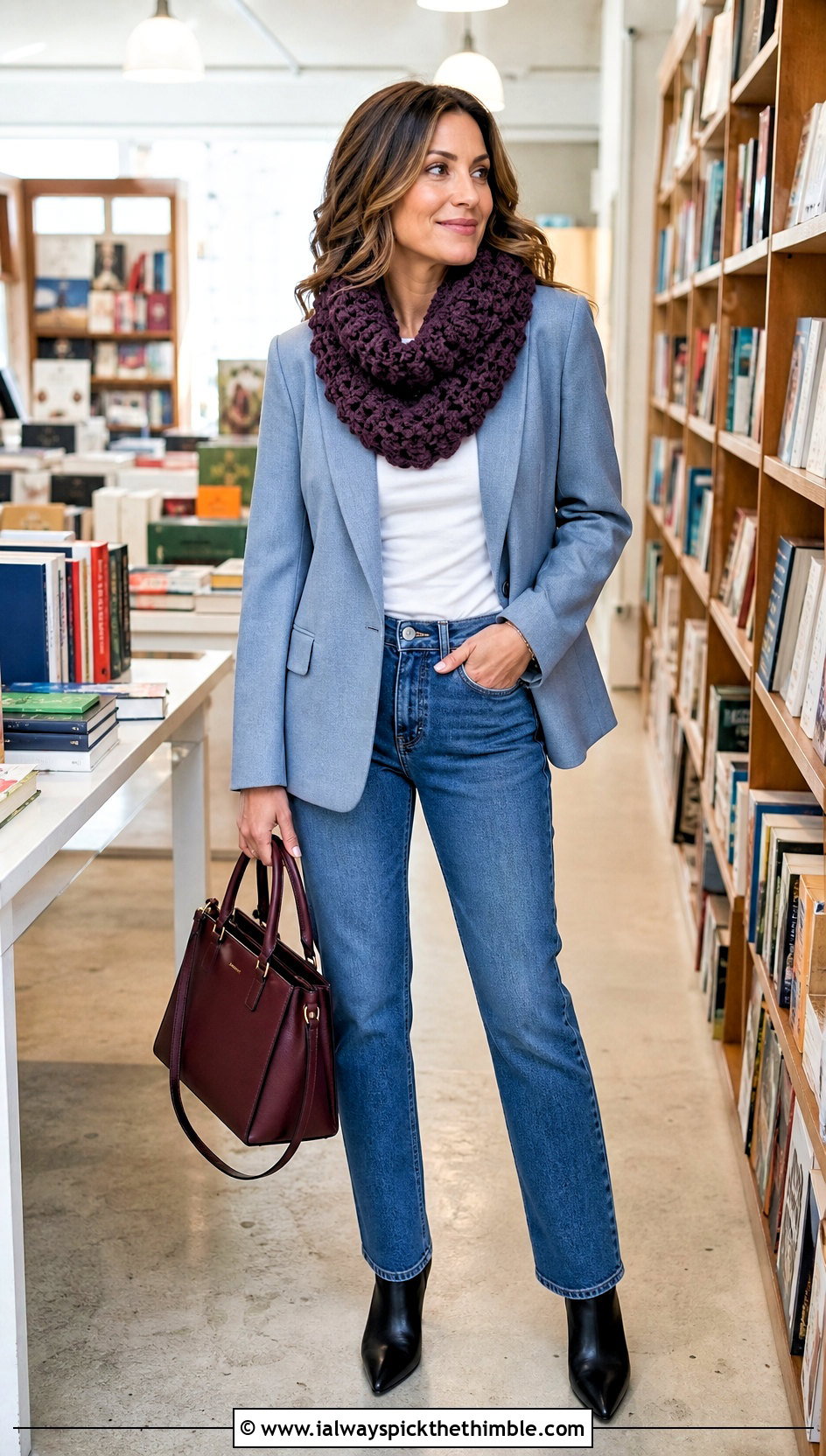 Cowl Popcorn Crochet Scarf With Blazer And Jeans - 20 Popcorn Crochet Scarf outfit ideas