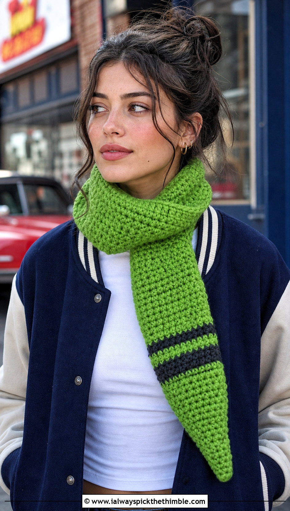 Crayon Shaped Crochet Scarf With Varsity Jacket - 15 Crochet Crayon Scarf outfit ideas