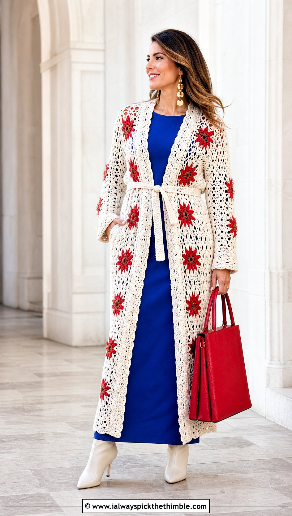 Cream Belted Duster Crochet Cardigan With Column Dress - 25 Cream Crochet Cardigan Outfit ideas