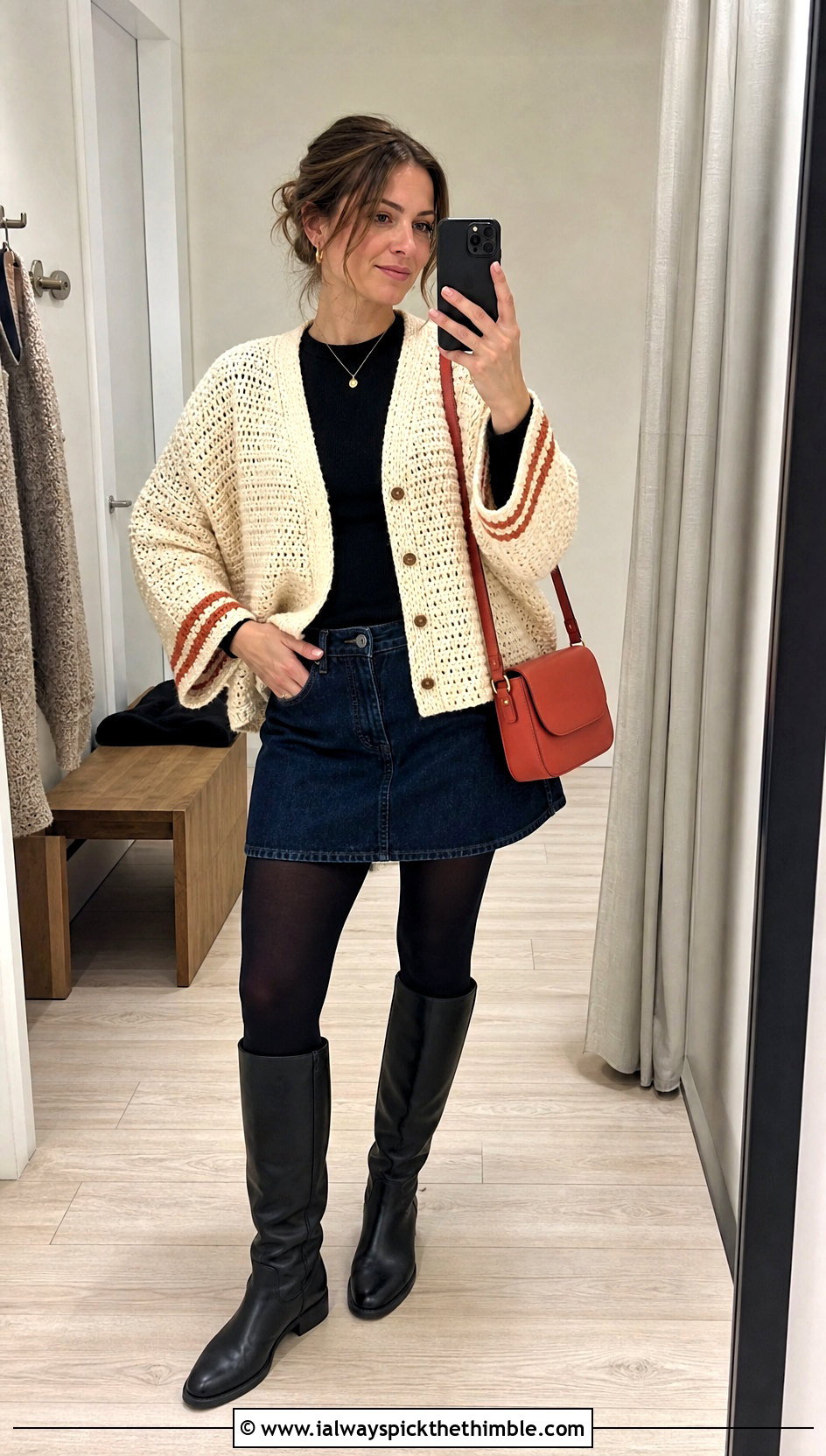 Cream Boxy Drop Shoulder Crochet Cardigan With Mini Skirt - 25 Cream Crochet Cardigan Outfit ideas