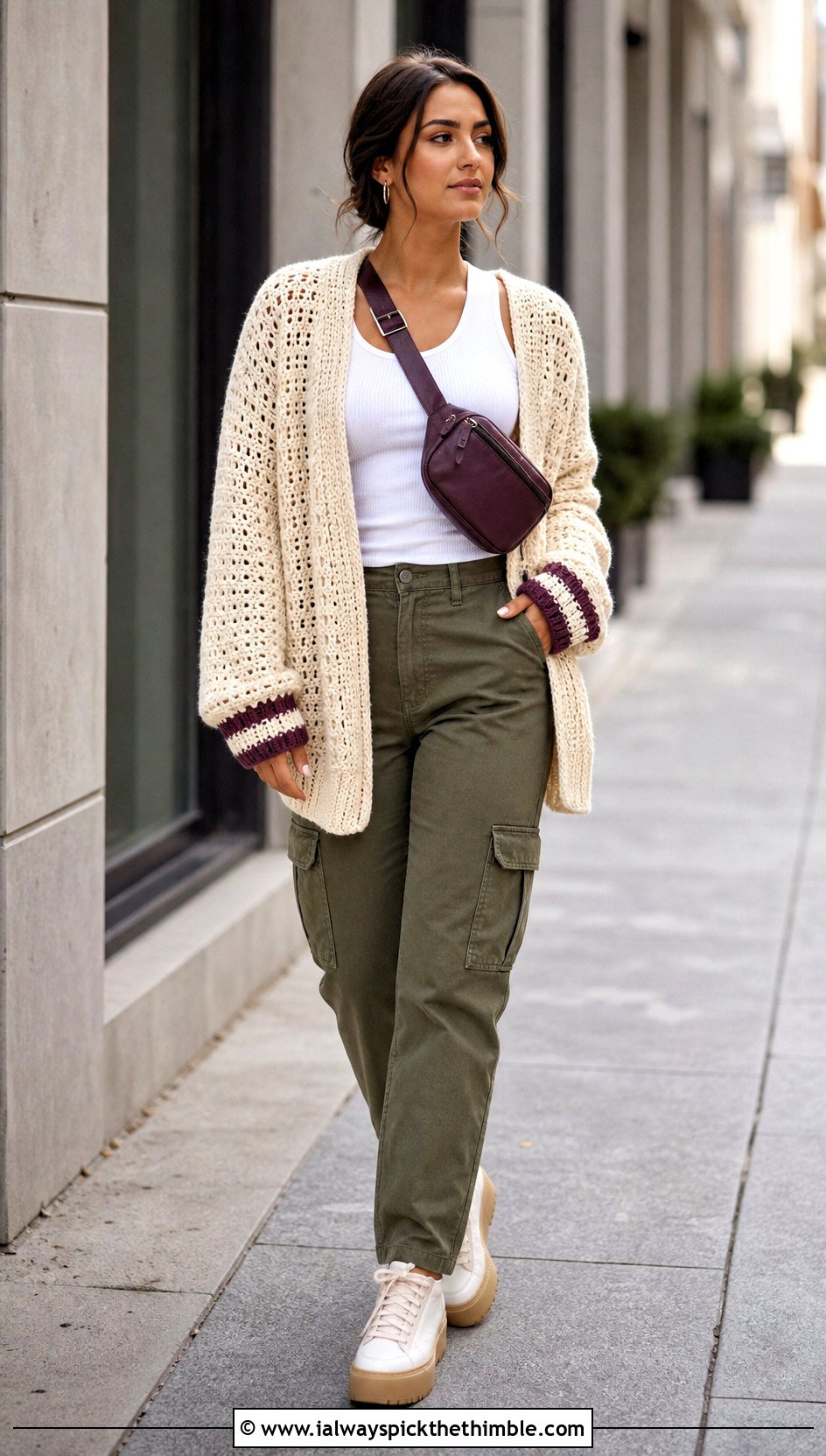 Cream Cocoon Crochet Cardigan With Tank And Cargo Pants - 25 Cream Crochet Cardigan Outfit ideas