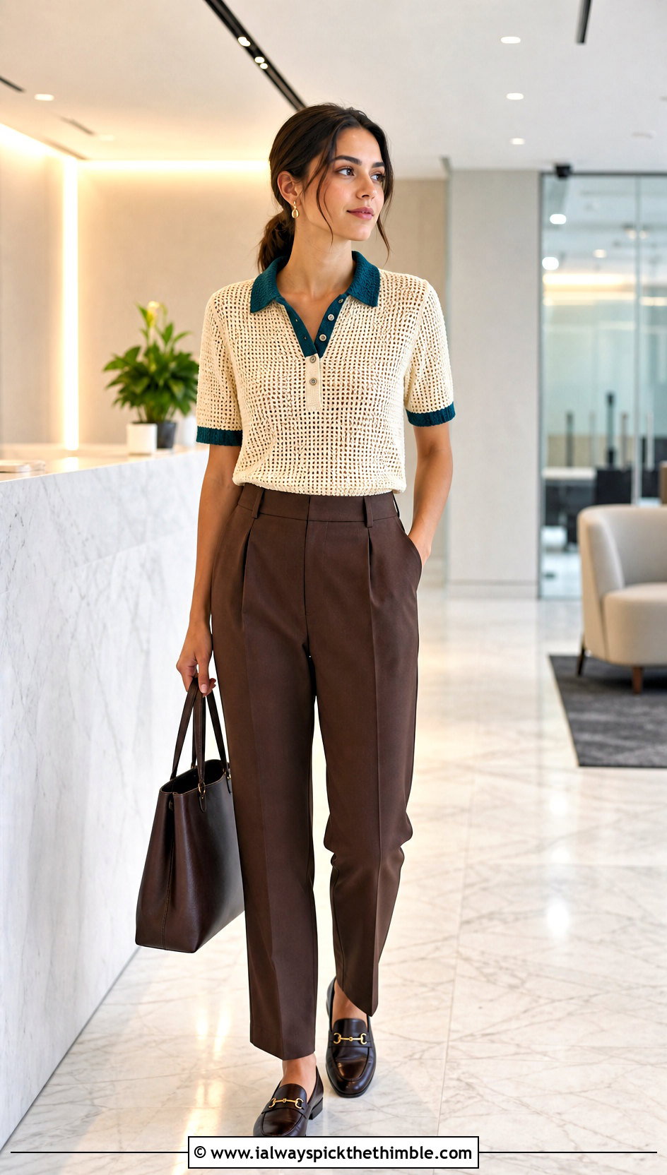 Cream Collared Crochet Polo Top With Tailored Trousers - 25 Cream Crochet Top outfit ideas