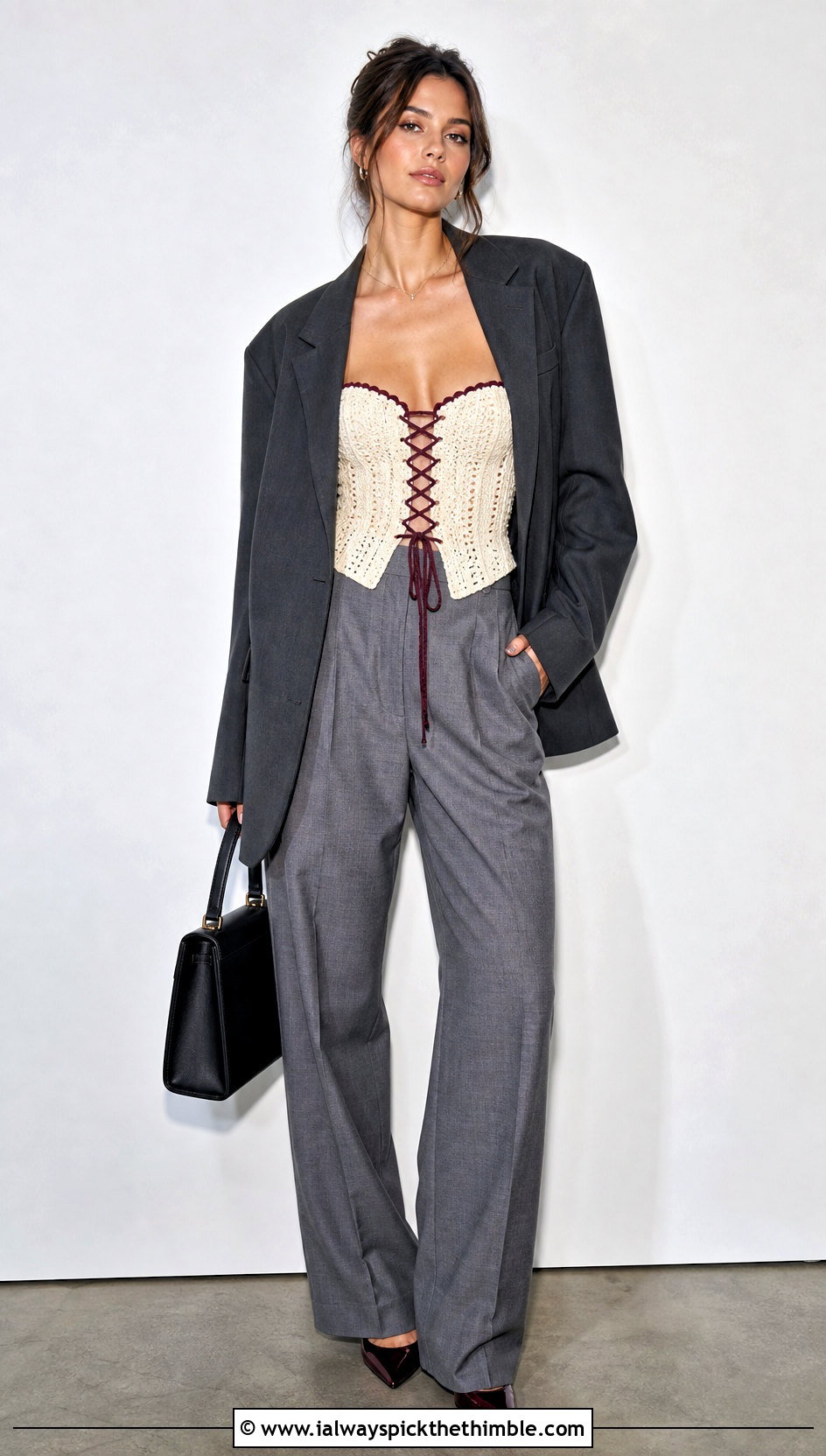 Cream Crochet Corset Top With Oversized Blazer - 25 Cream Crochet Top outfit ideas
