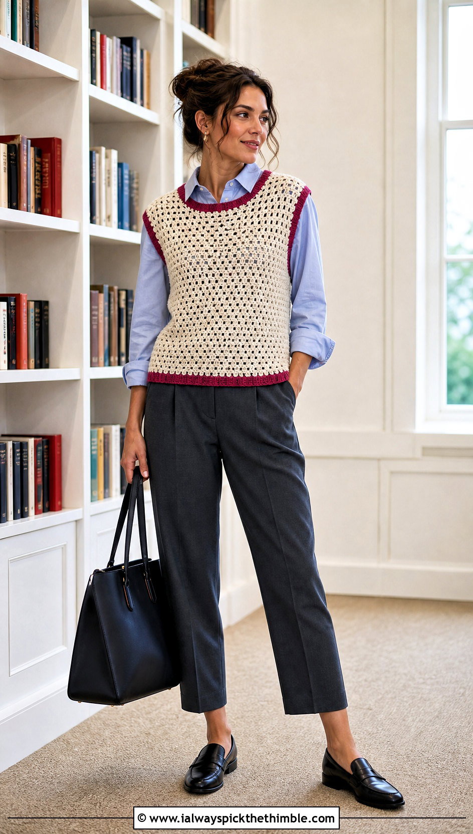 Cream Crochet Sweater Vest Top With Poplin Shirt - 25 Cream Crochet Top outfit ideas