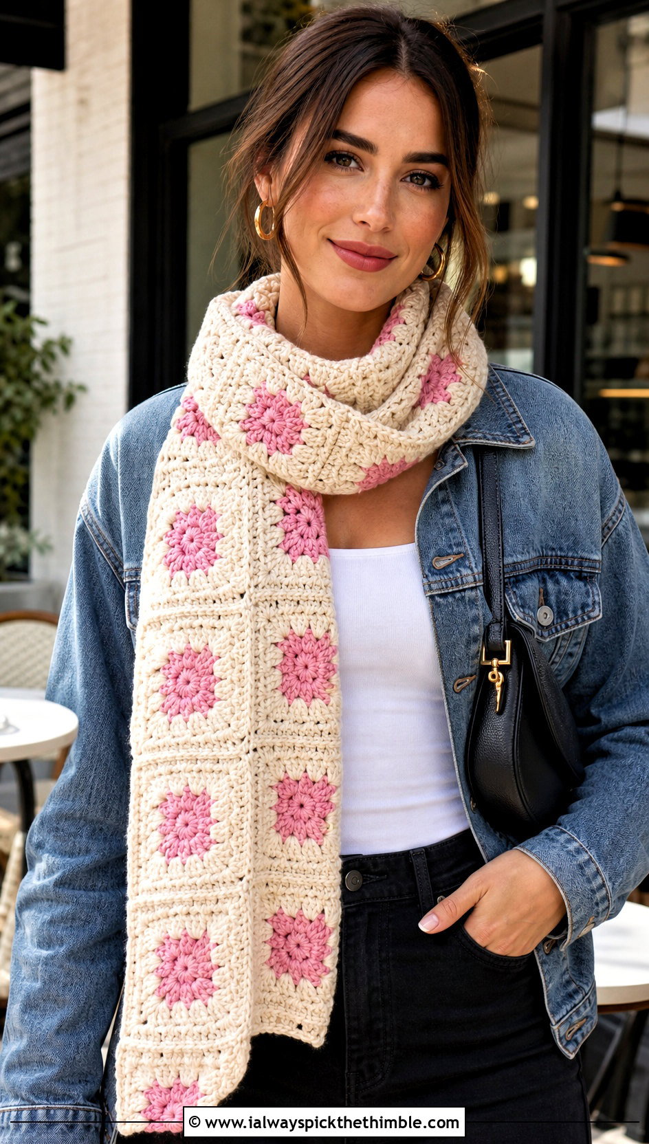 Cream Granny Square Crochet Scarf With Denim Jacket - 15 neutral tone crochet scarf outfit ideas