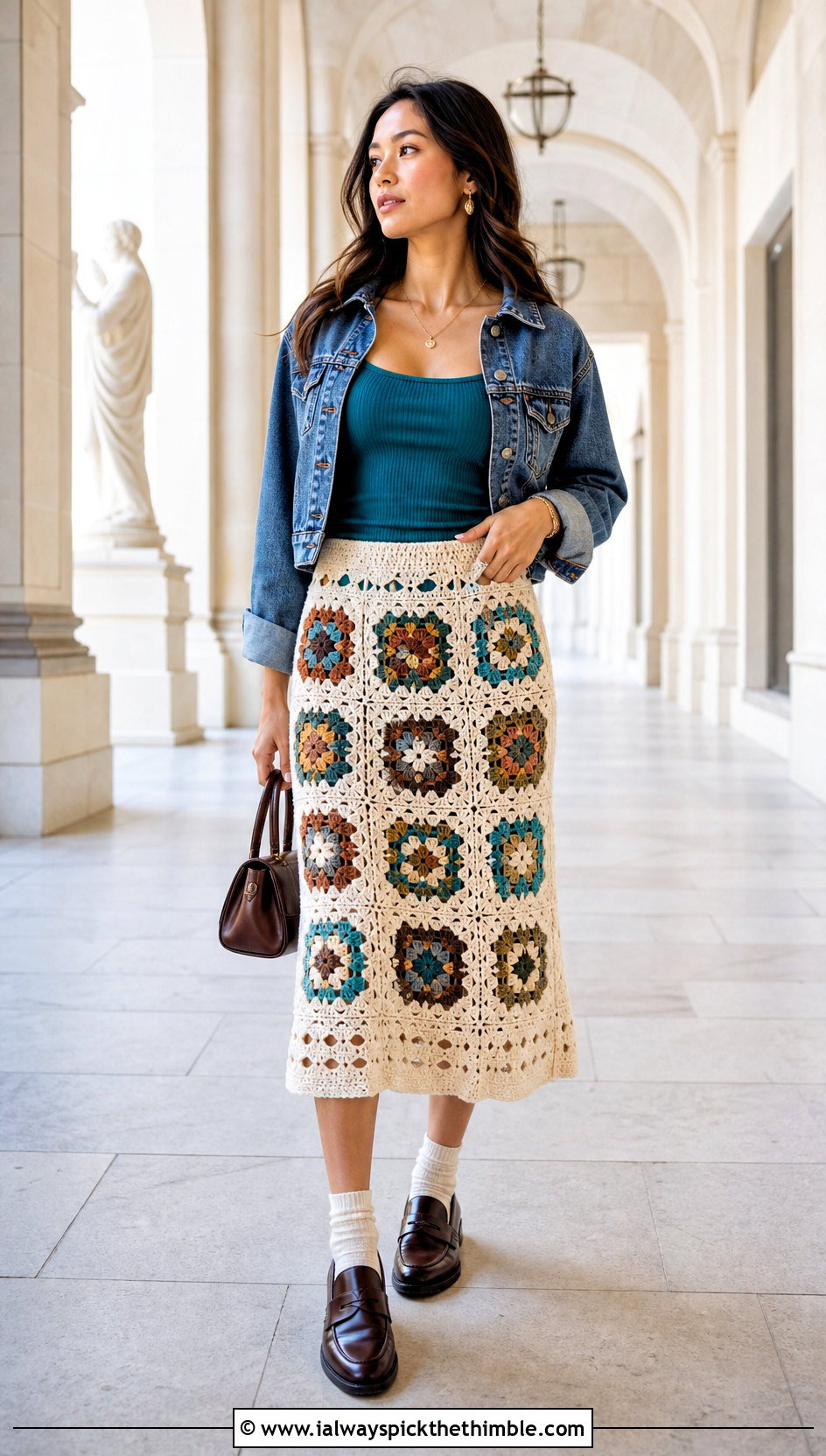 Cream Granny Square Midi Crochet Skirt With Denim Jacket - 20 cream crochet skirt outfit ideas