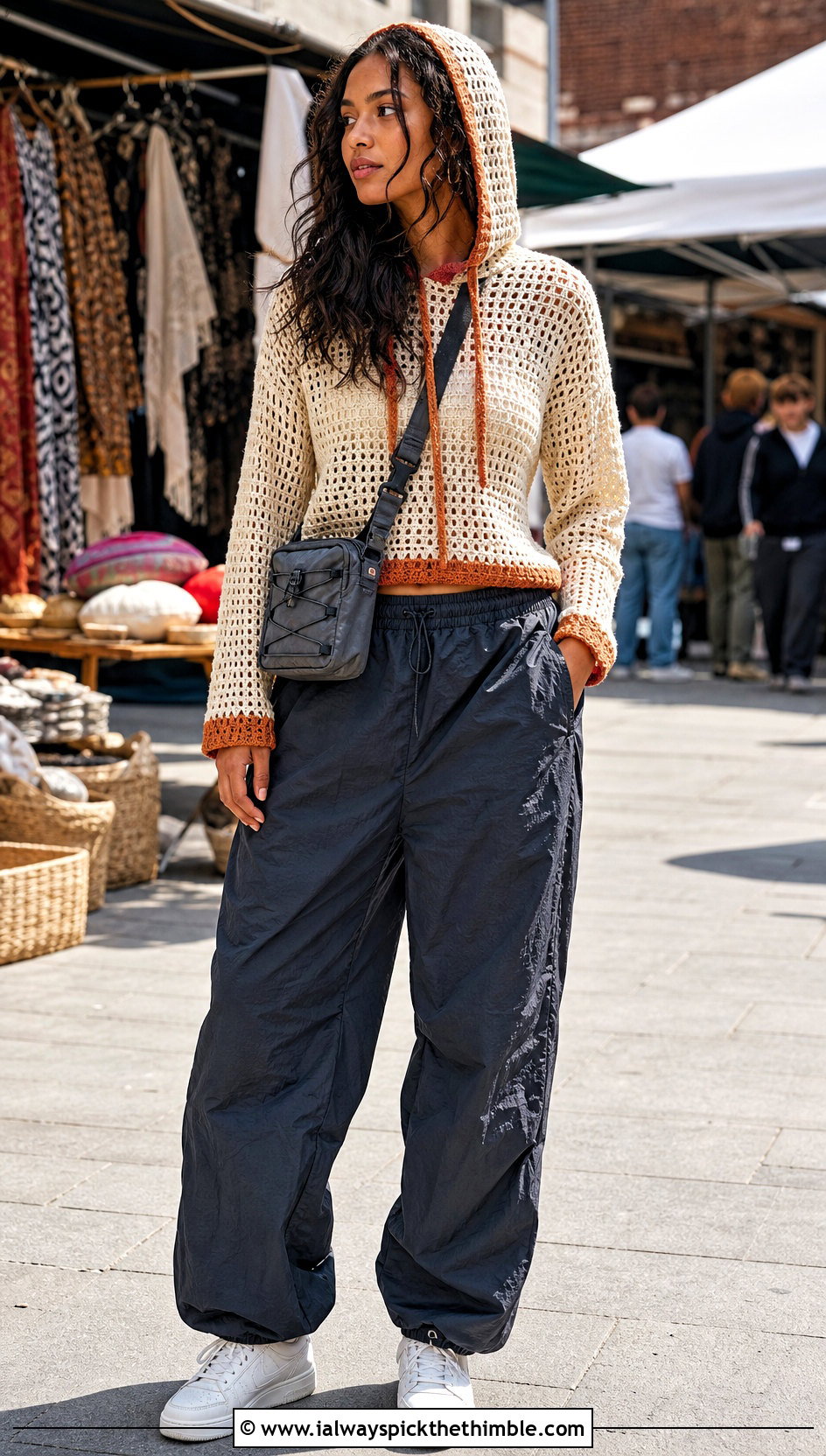 Cream Hooded Crochet Top With Parachute Pants - 25 Cream Crochet Top outfit ideas