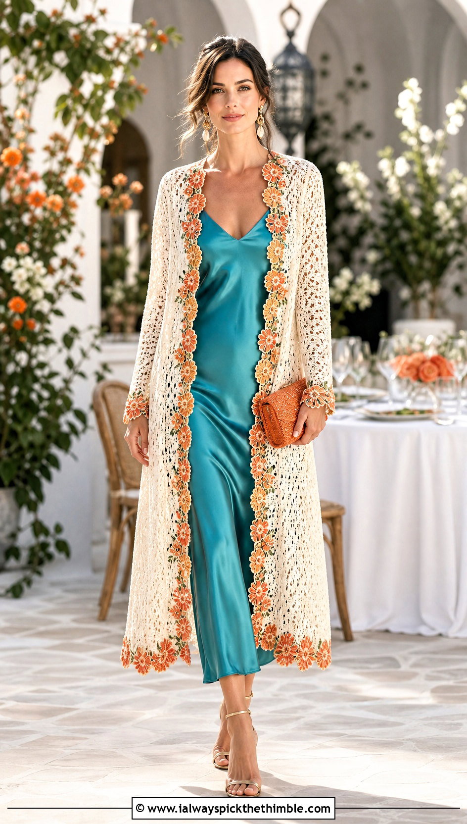 Cream Longline Lace Crochet Cardigan With Slip Dress - 25 Cream Crochet Cardigan Outfit ideas