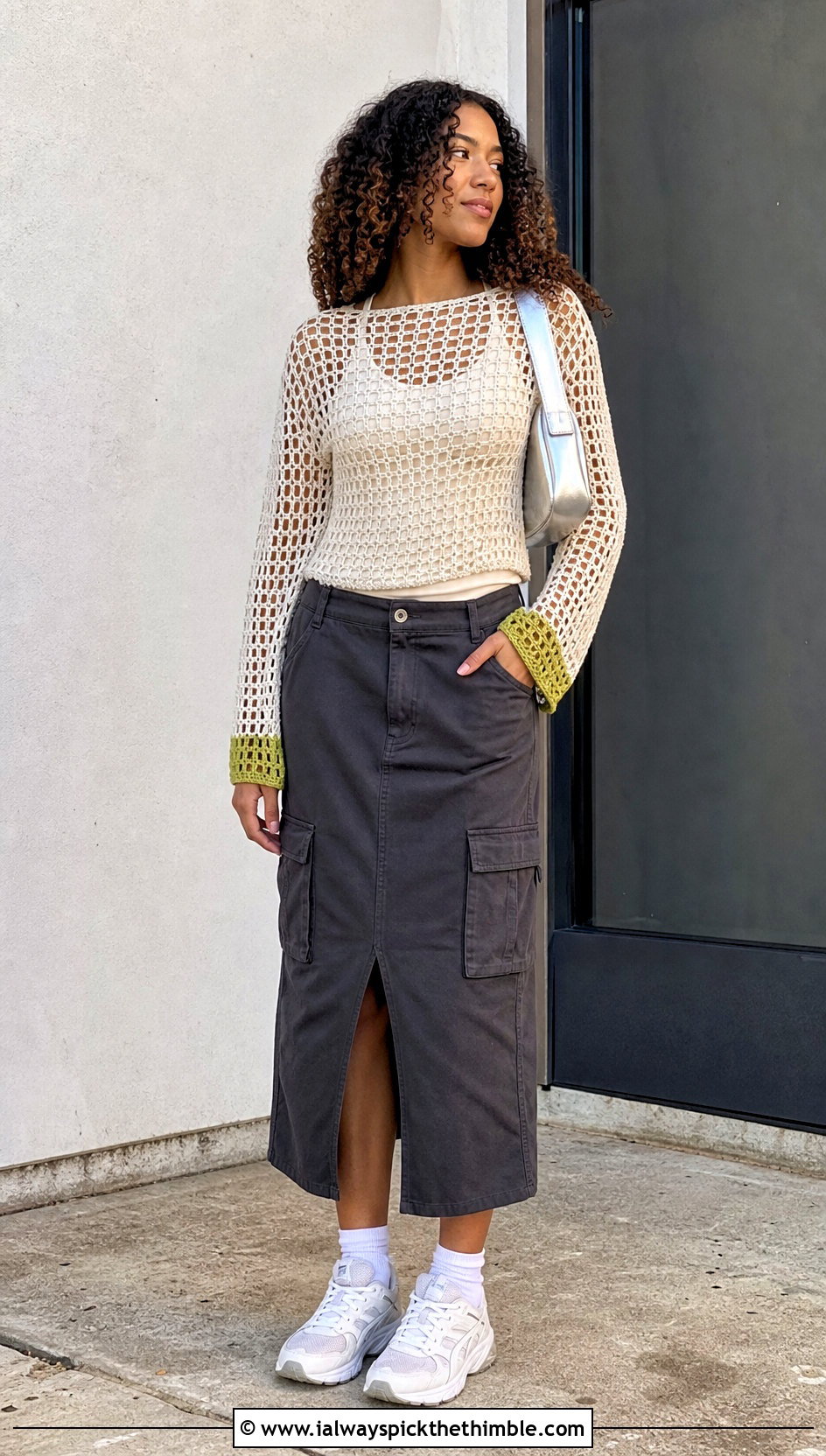 Cream Mesh Crochet Long Sleeve Top With Cargo Skirt - 25 Cream Crochet Top outfit ideas
