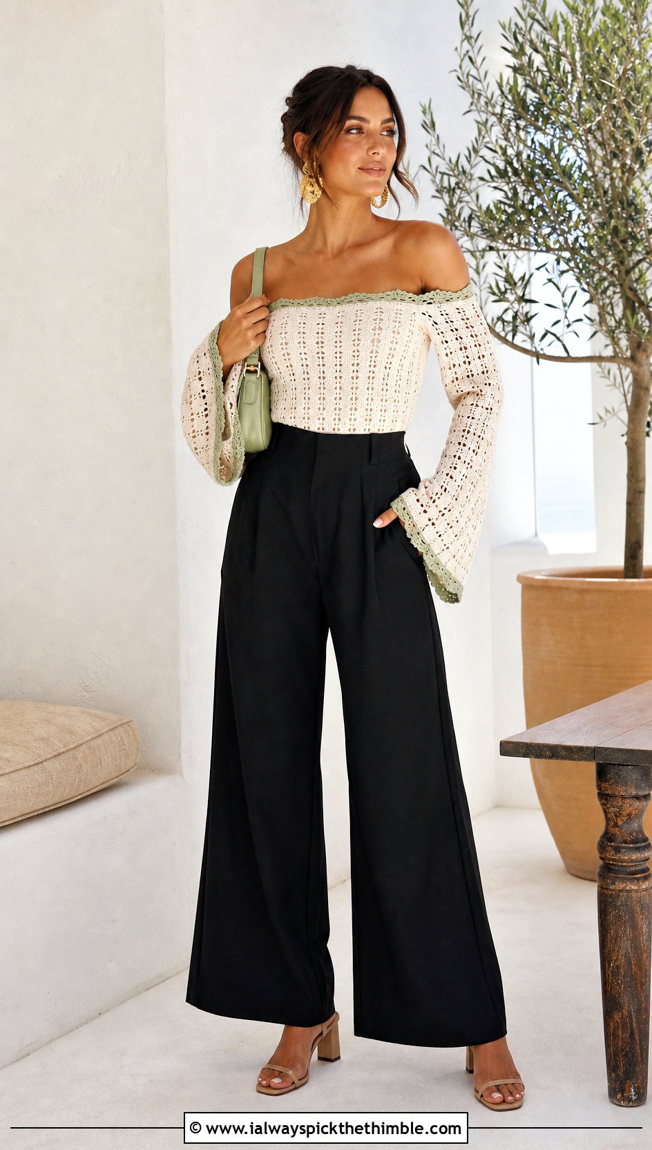 Cream Off Shoulder Crochet Top With Wide Leg Pants - 25 Cream Crochet Top outfit ideas