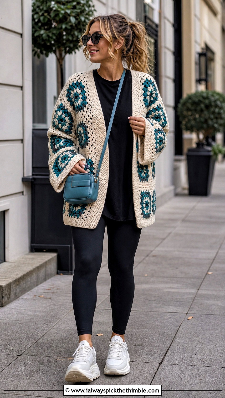 Cream Oversized Granny Square Crochet Cardigan With Black Leggings - 25 Cream Crochet Cardigan Outfit ideas