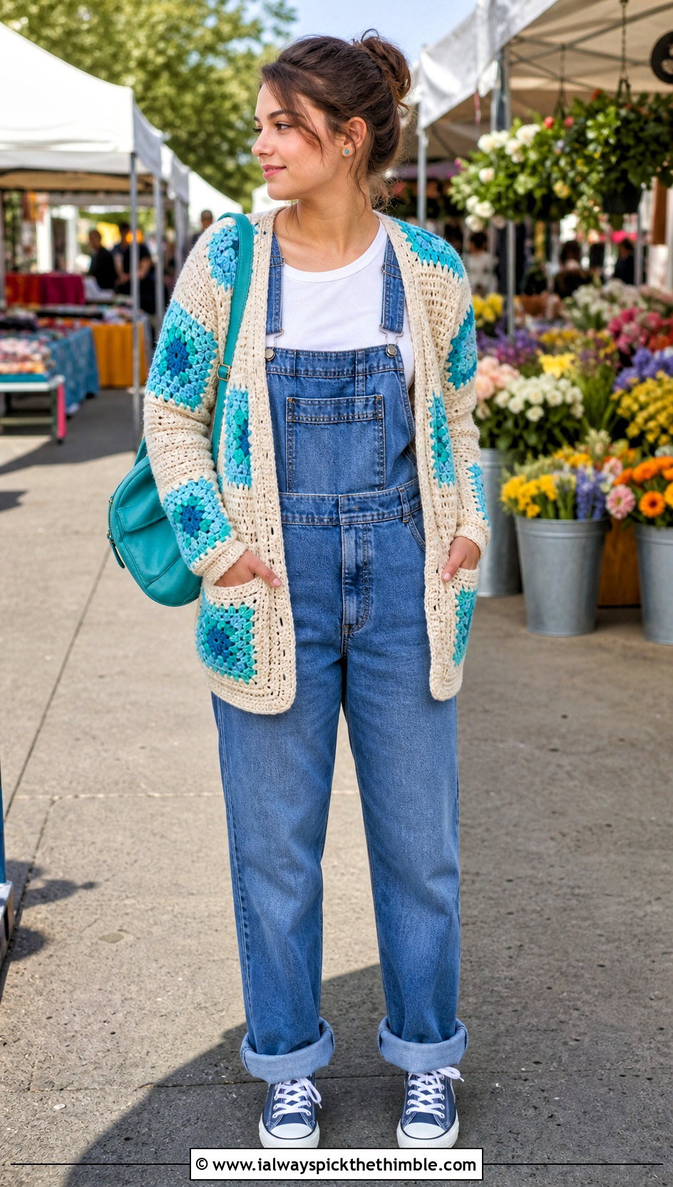 Cream Patchwork Crochet Cardigan With Denim Overalls - 25 Cream Crochet Cardigan Outfit ideas