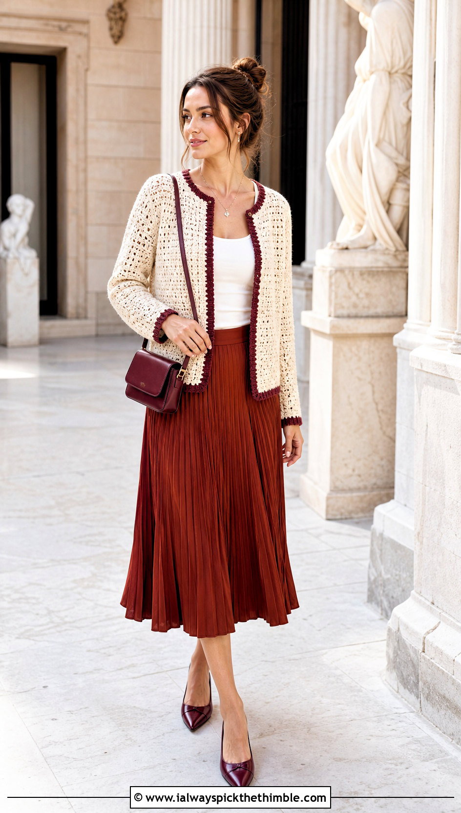 Cream Rib Trim Crochet Cardigan With Pleated Midi Skirt - 25 Cream Crochet Cardigan Outfit ideas