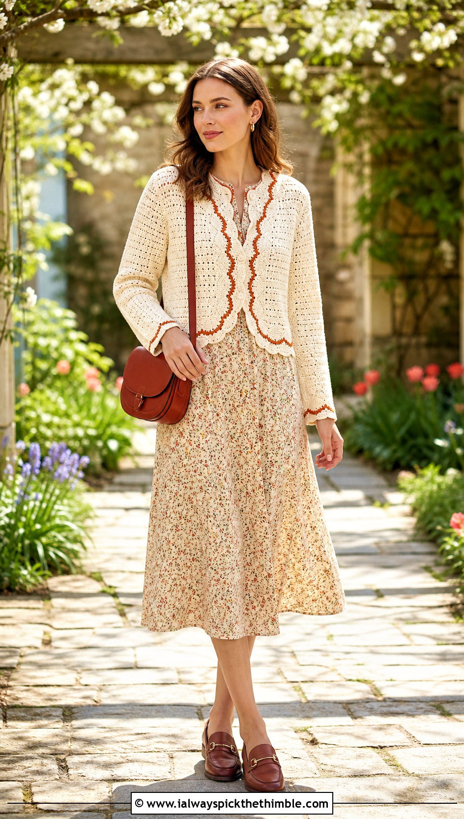 Cream Scalloped Edge Crochet Cardigan With Floral Dress - 25 Cream Crochet Cardigan Outfit ideas