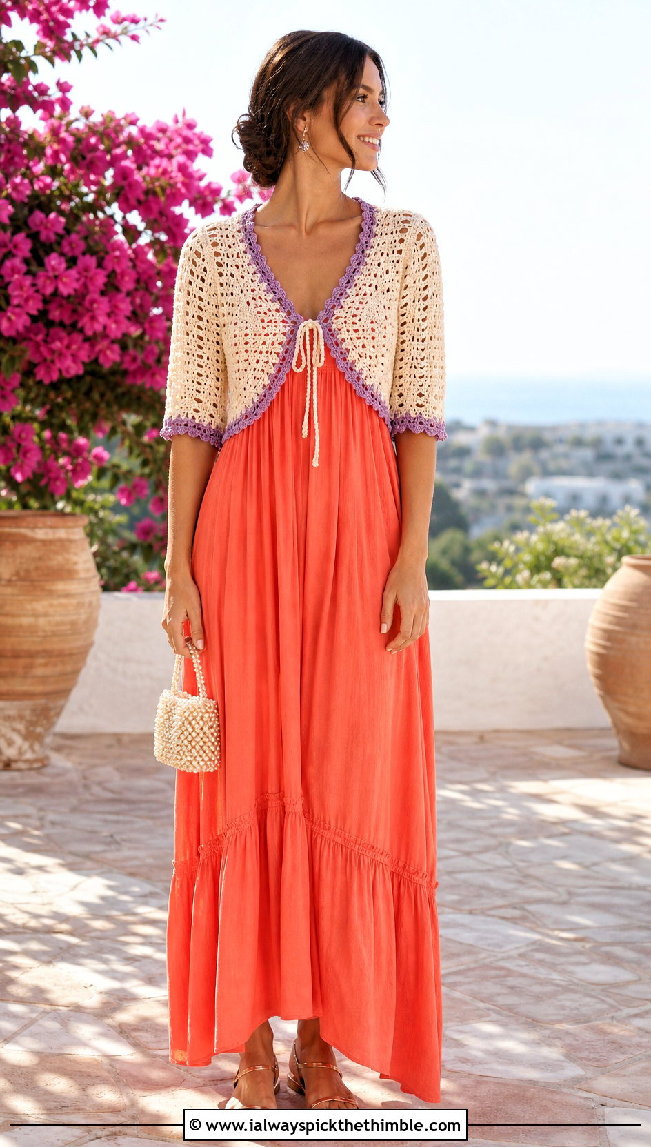 Cream Tie Front Crochet Bolero Cardigan With Maxi Dress - 25 Cream Crochet Cardigan Outfit ideas