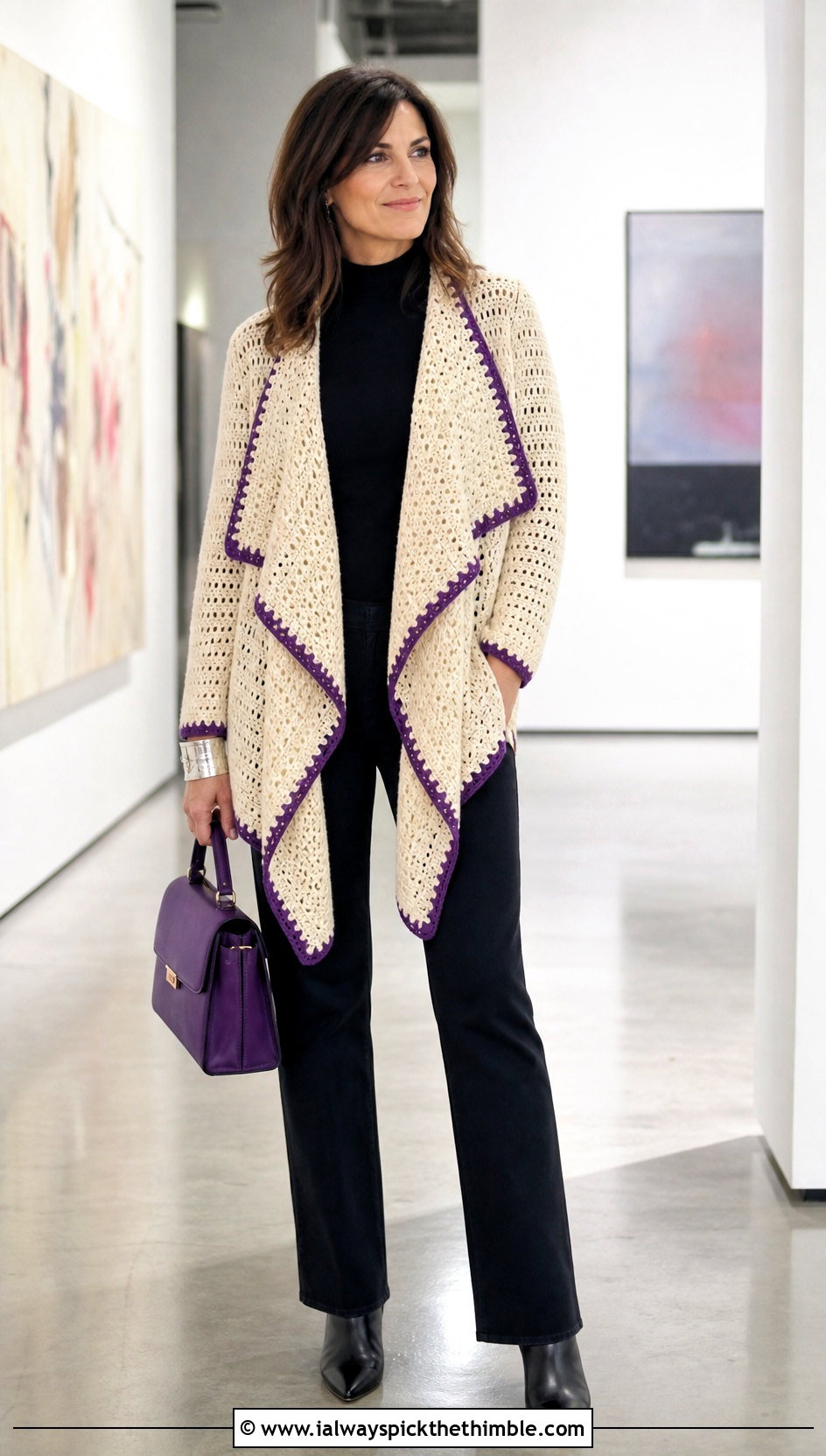 Cream Waterfall Crochet Cardigan With Monochrome Black Outfit - 25 Cream Crochet Cardigan Outfit ideas