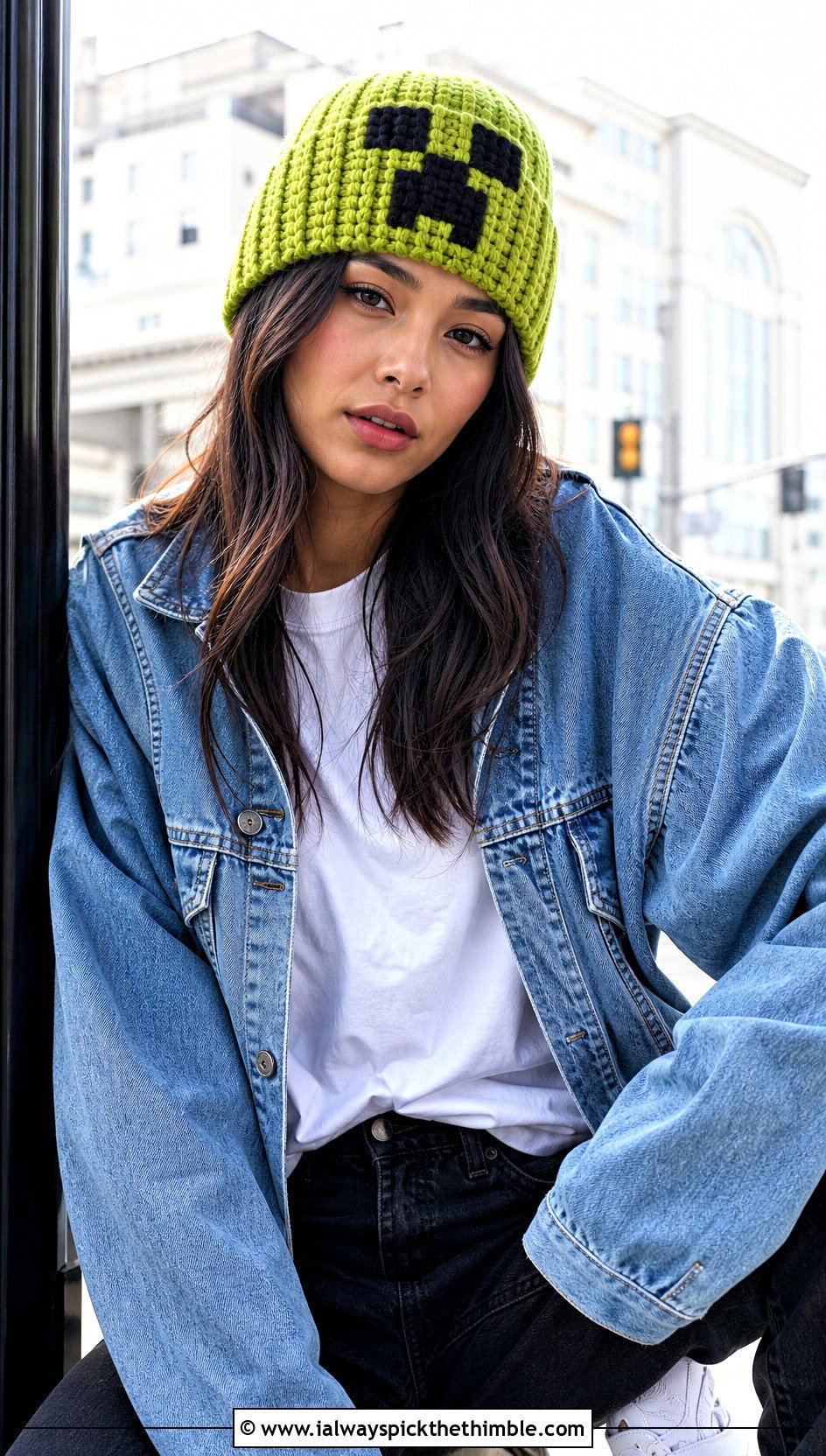 Creeper Ribbed Beanie With Denim Jacket - 20 Minecraft Crochet Hat outfit ideas