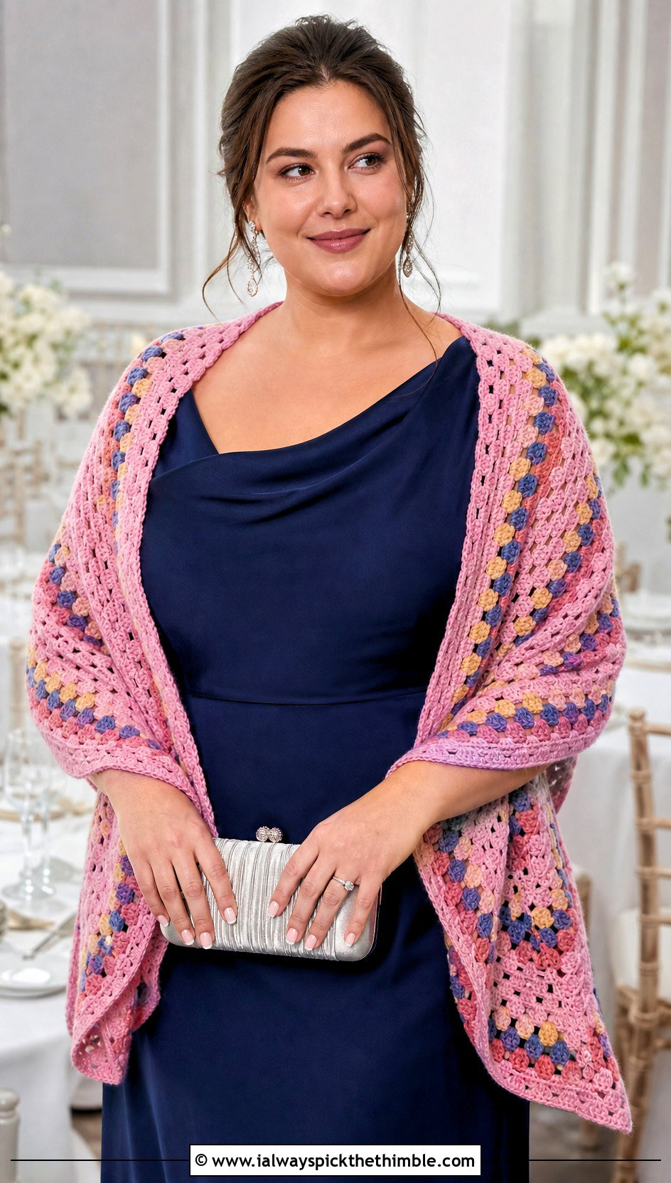 Crescent Block Stitch Crochet Shawl With A Satin Midi Dress - 15 Block Stitch Crochet Shawl outfit ideas