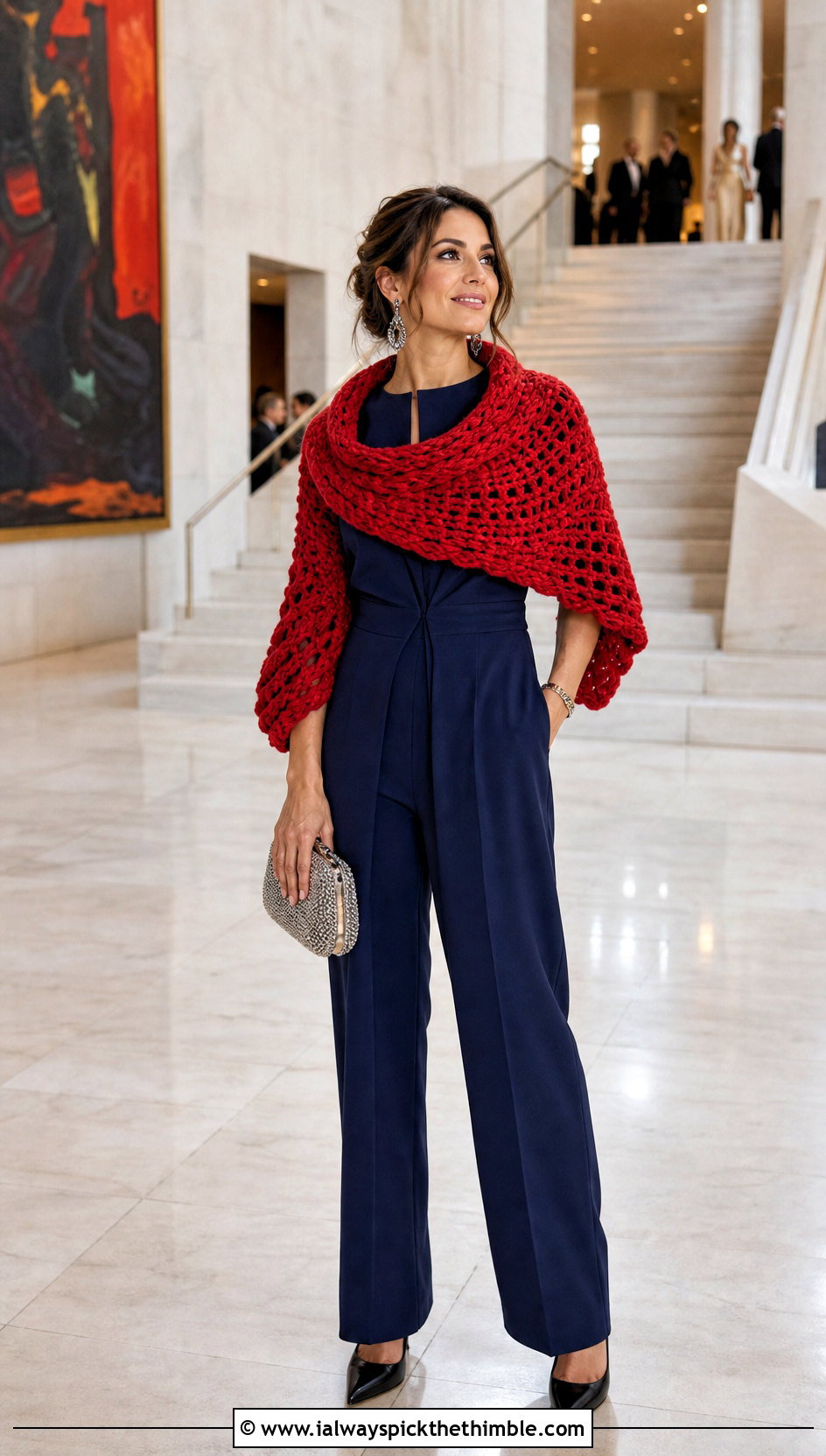 Crescent Bulky Yarn Crochet Shawl With Evening Jumpsuit - 20 Bulky Yarn Crochet Shawl outfit ideas