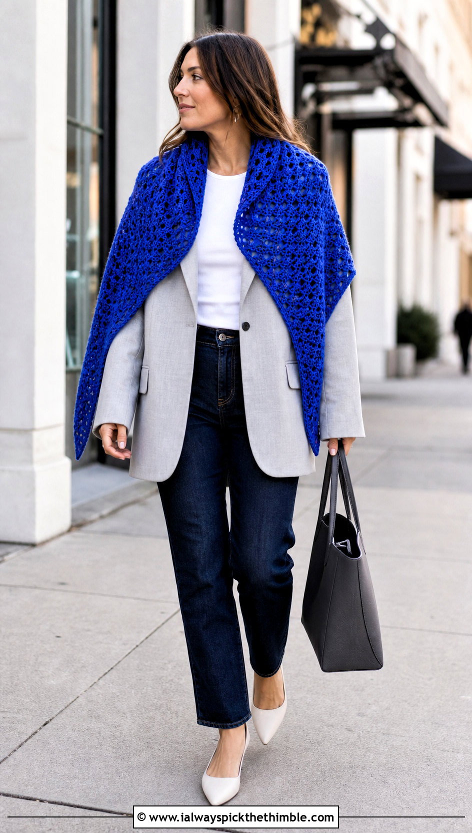 Crescent Crochet Blanket Shawl With Blazer And Jeans - 20 crochet blanket shawl outfit ideas