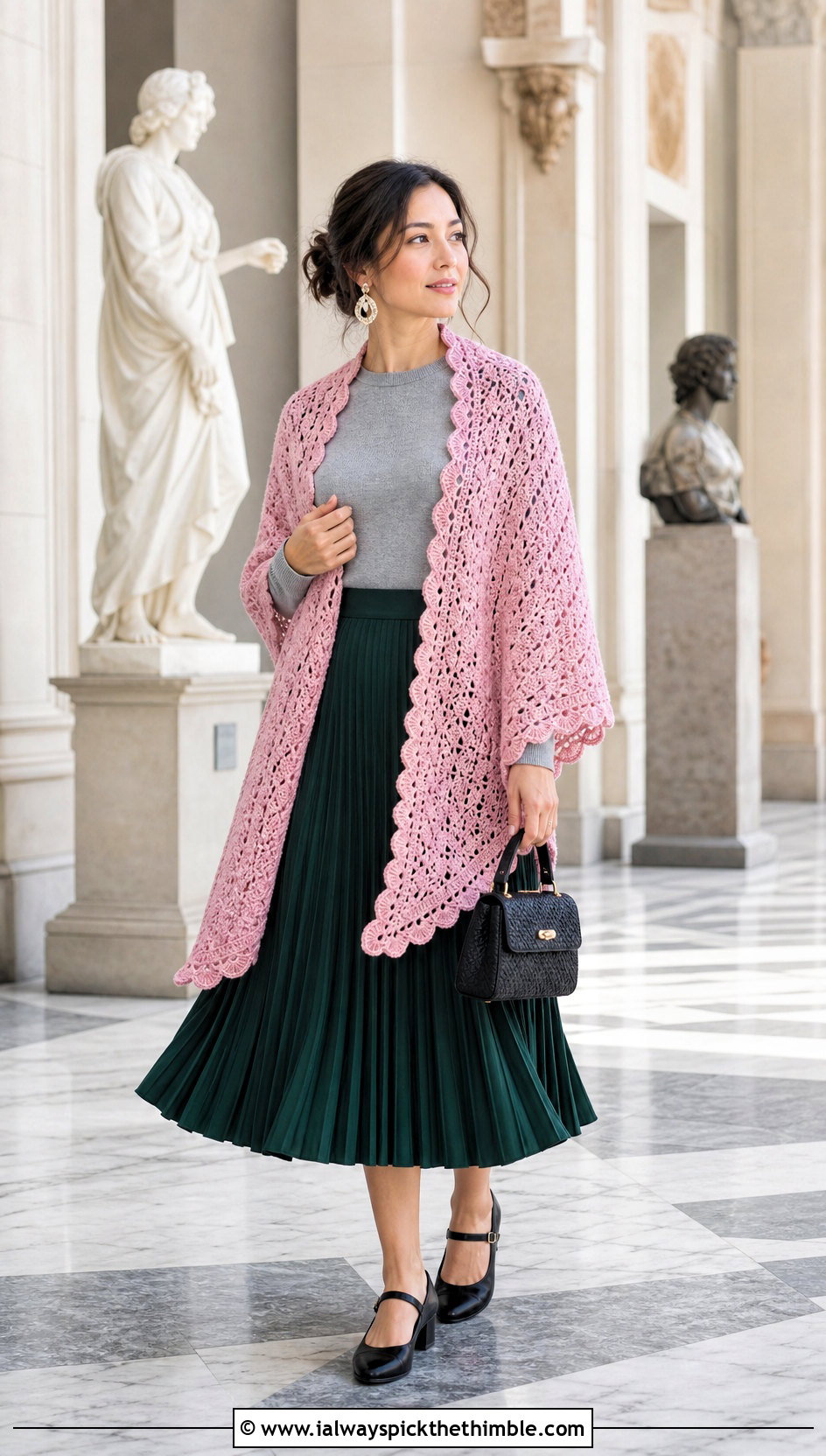 Crescent Crochet Blanket Shawl With Pleated Midi Skirt - 15 Crochet Shawl Blanket outfit ideas
