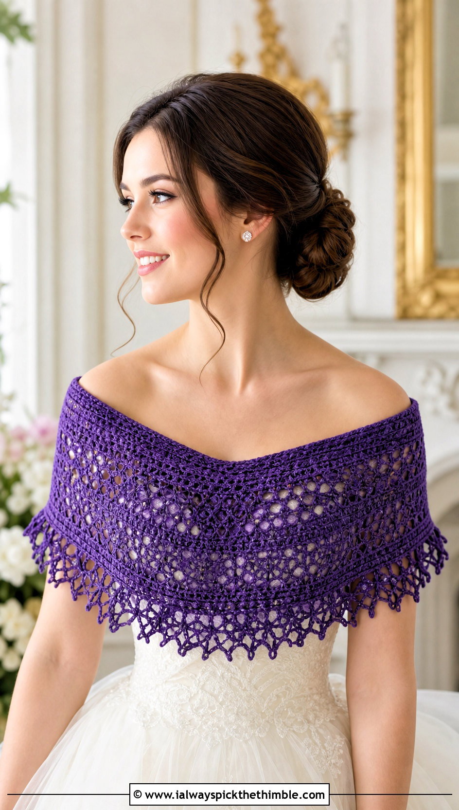 Crescent Crochet Bridal Shawl With Off Shoulder Ball Gown - 20 Crochet Bridal Shawl outfit ideas