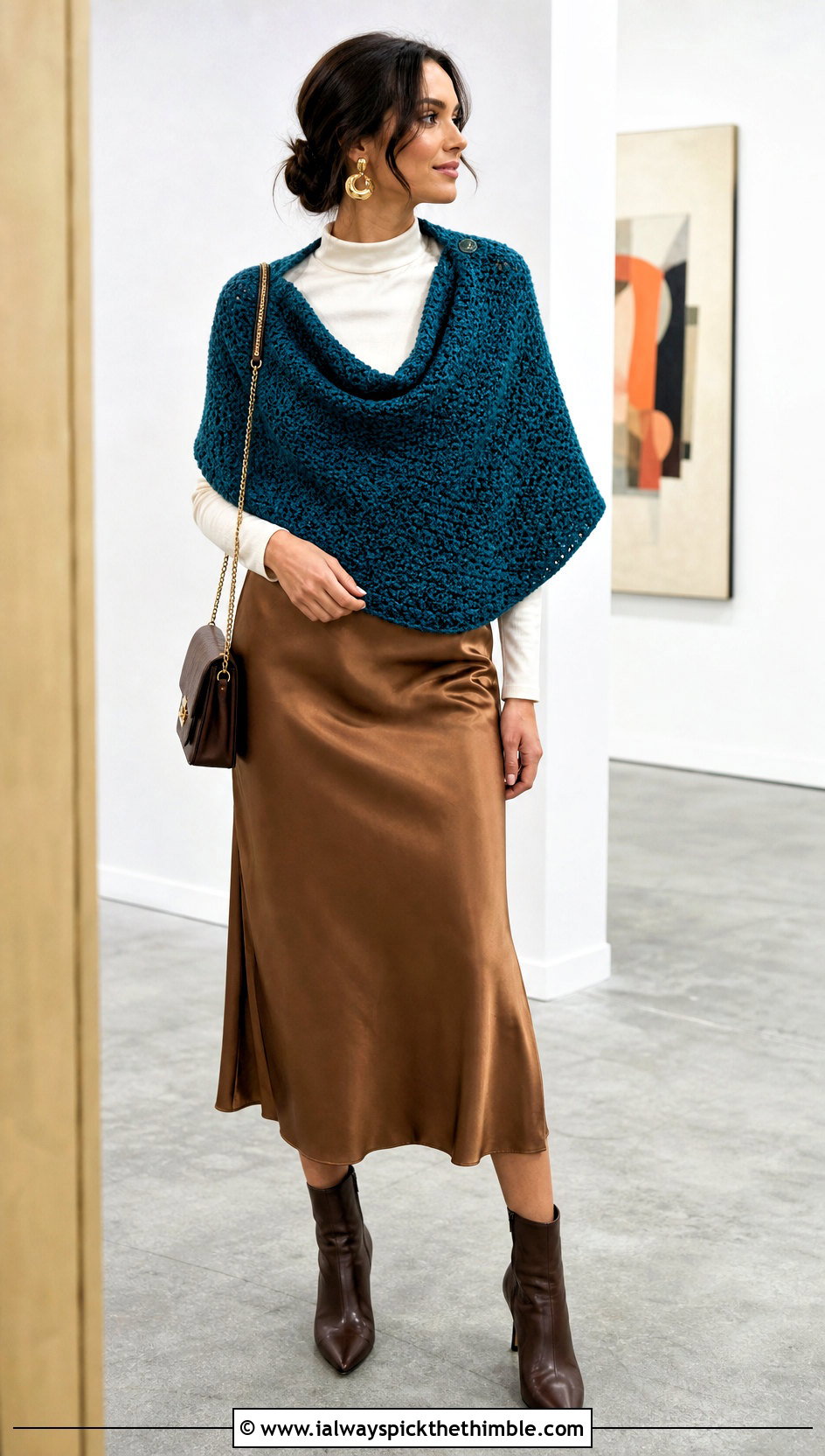 Crescent Crochet Chunky Shawl With Satin Slip Skirt - 20 Crochet Chunky Shawl outfit ideas