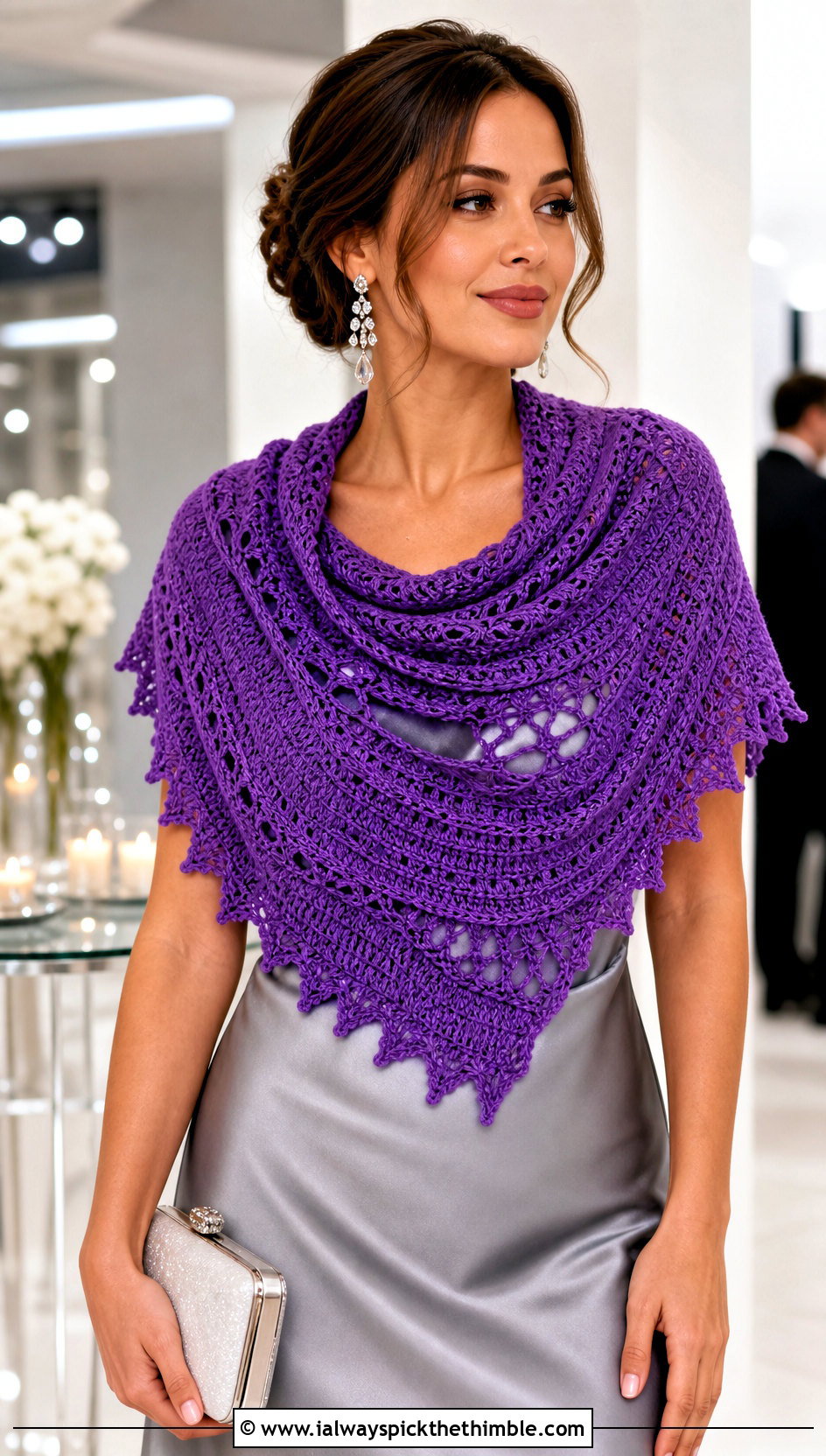 Crescent Crochet Cowl Shawl With Satin Slip Dress - 20 crochet cowl shawl outfit ideas