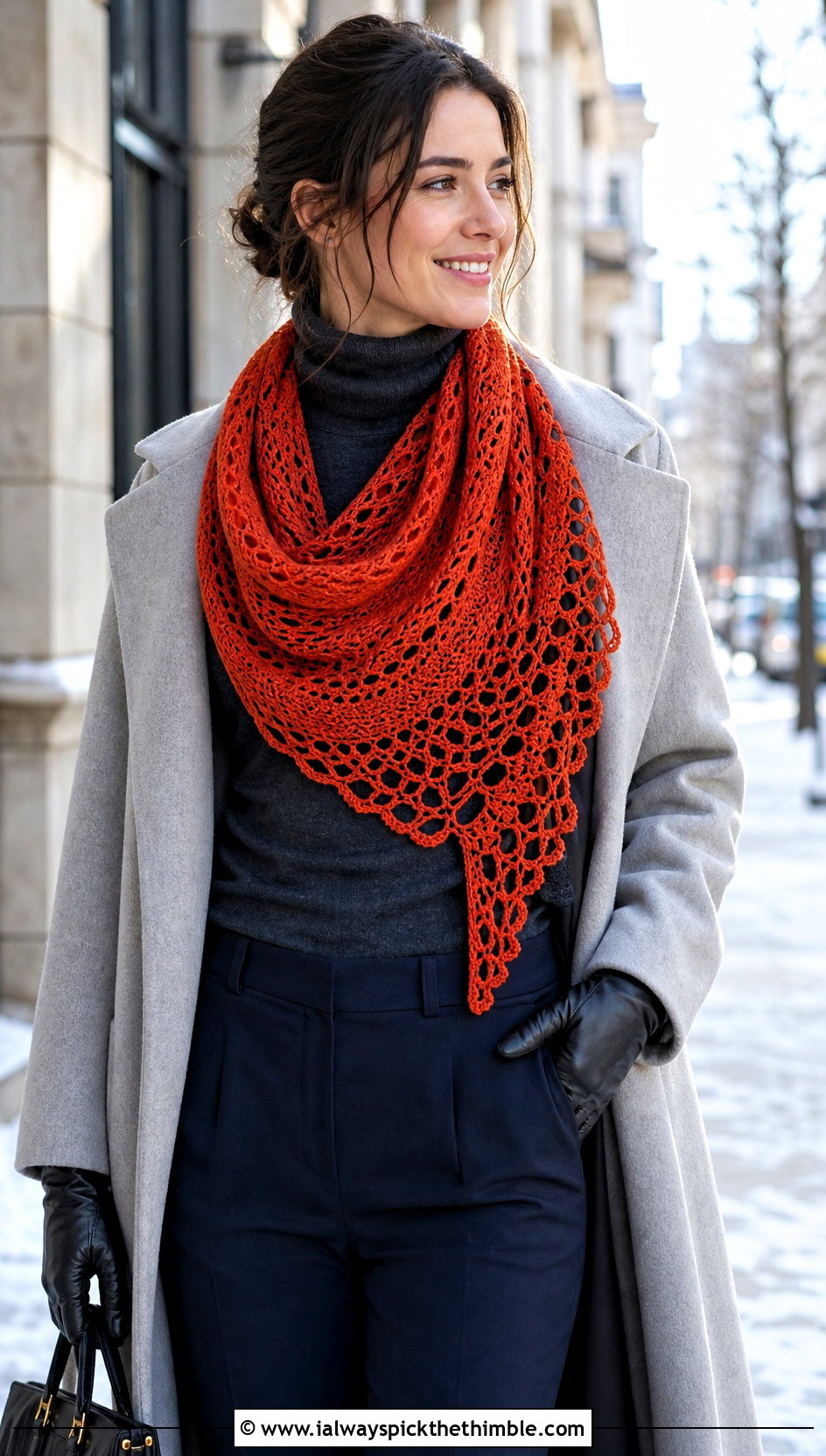 Crescent Crochet Lace Scarf With Wool Coat And Turtleneck - 20 easy crochet lace scarf outfit ideas