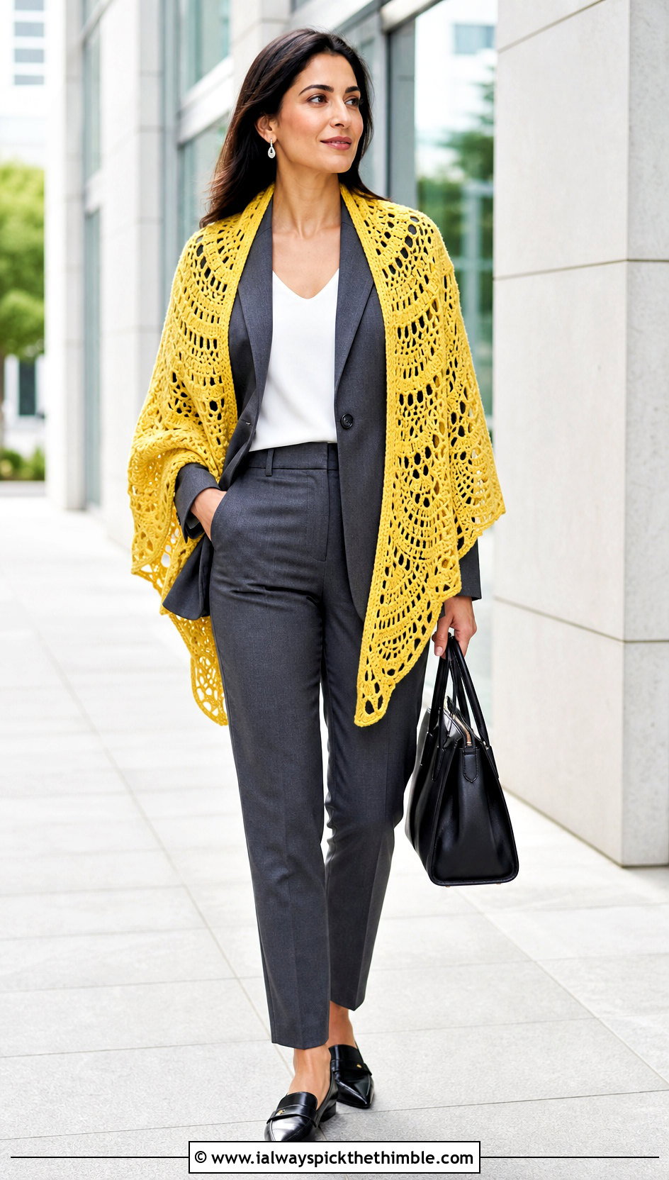 Crescent Crochet Mandala Shawl With Tailored Suit - 20 Crochet Mandala Shawl outfit ideas