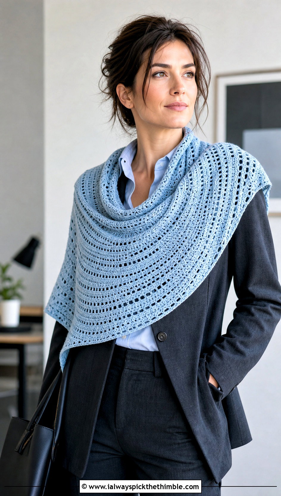 Crescent Crochet Mantle Scarf With Blazer - 20 Crochet Mantle Scarf outfit ideas