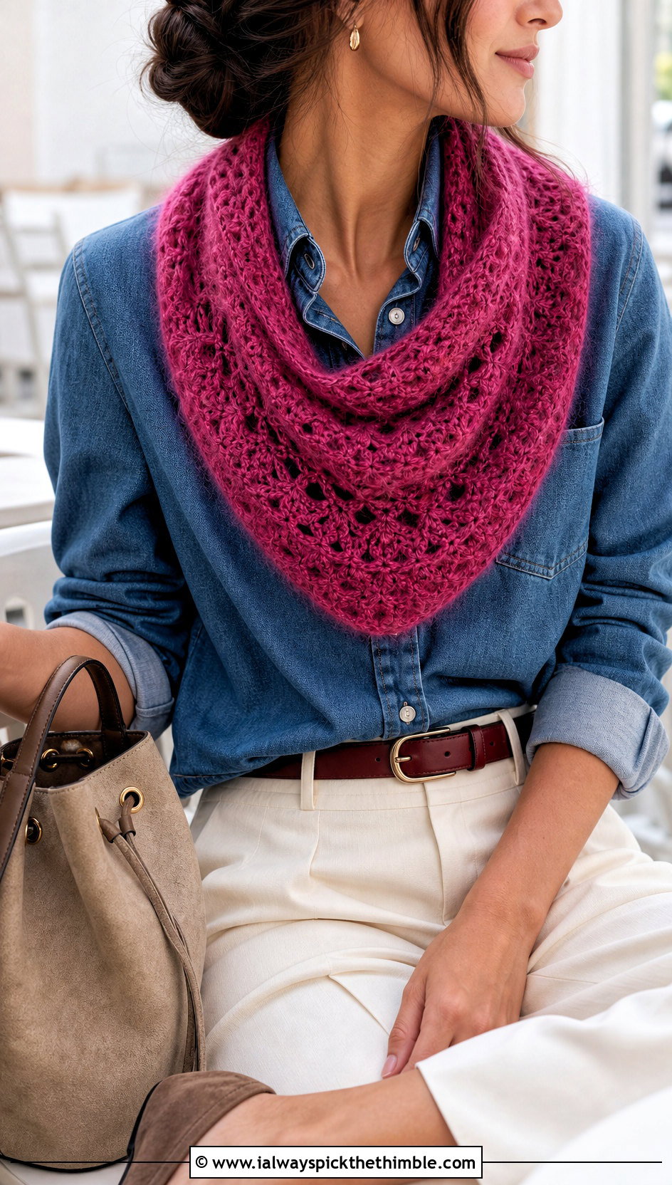 Crescent Crochet Mohair Scarf With Denim Shirt - 20 crochet mohair scarf outfit ideas