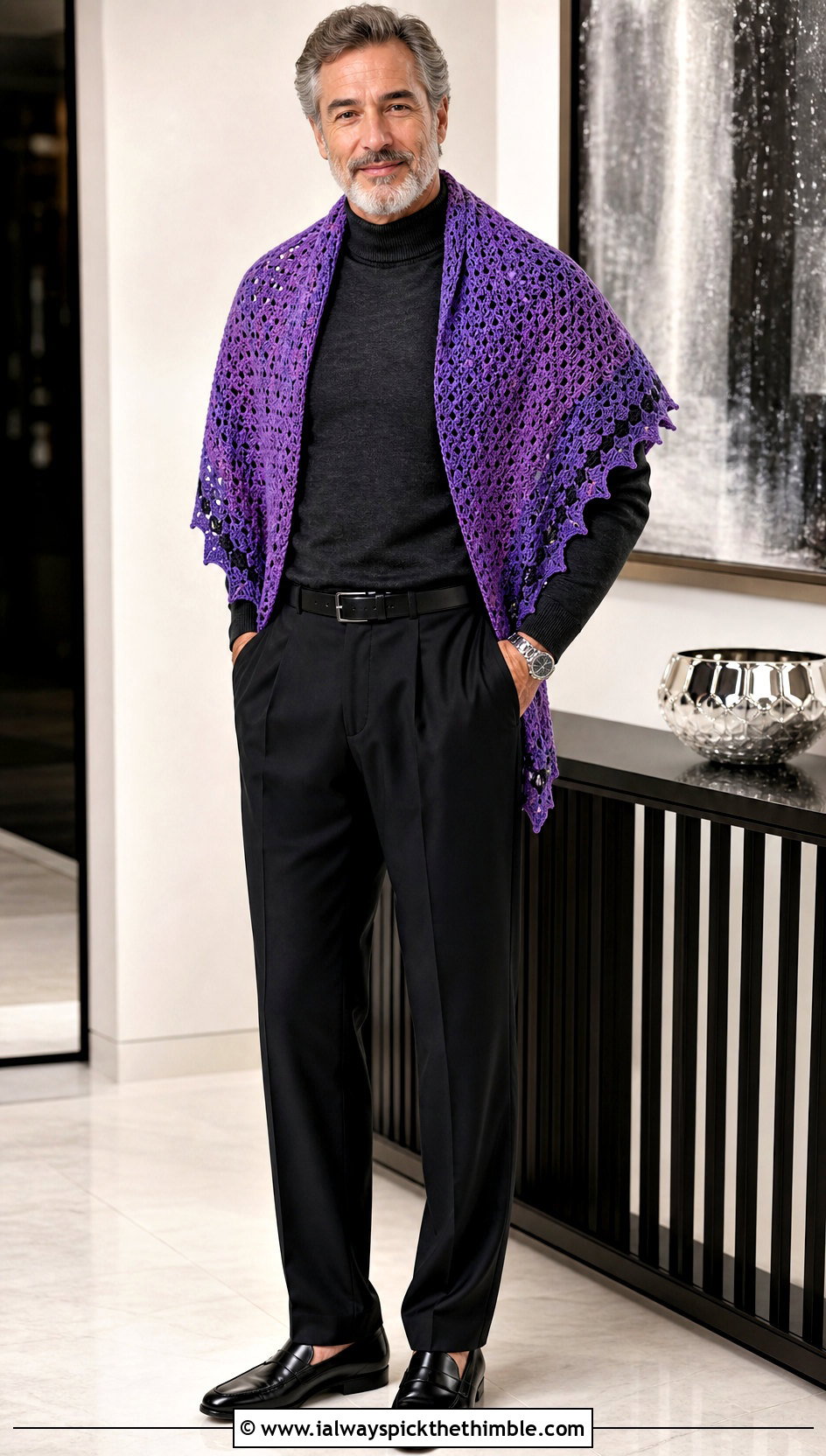 Crescent Crochet Prayer Shawl With A Turtleneck And Trousers - 20 Mens Crochet Prayer Shawl outfit ideas