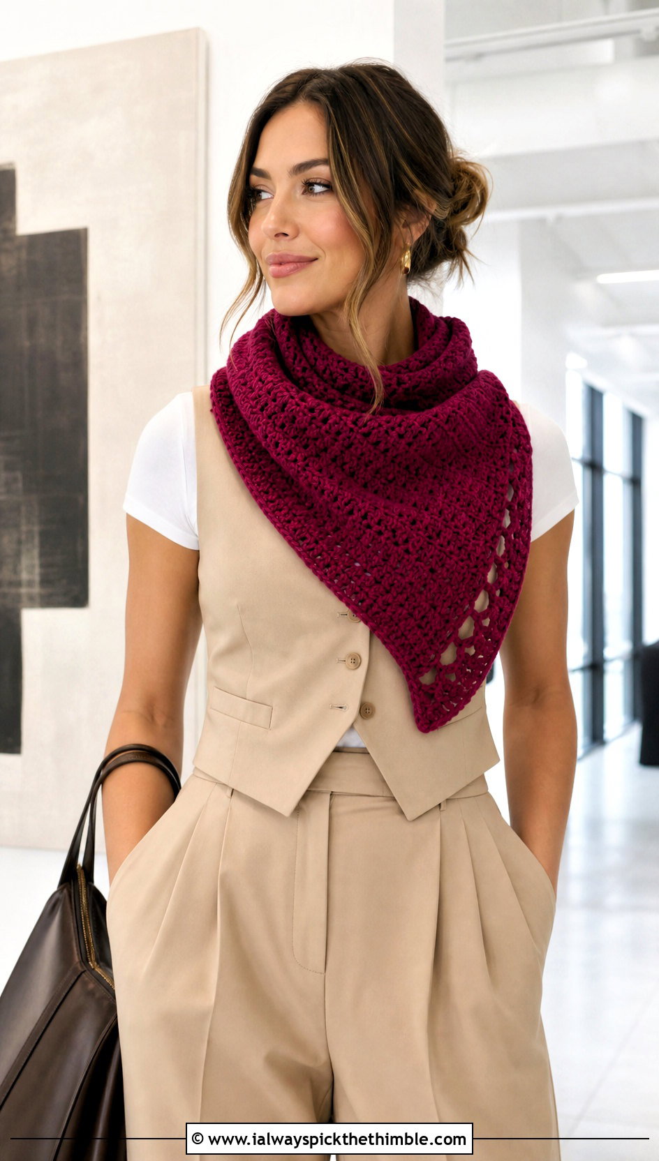 Crescent Crochet Scarf With Tailored Vest - 20 boho crochet scarf outfit ideas